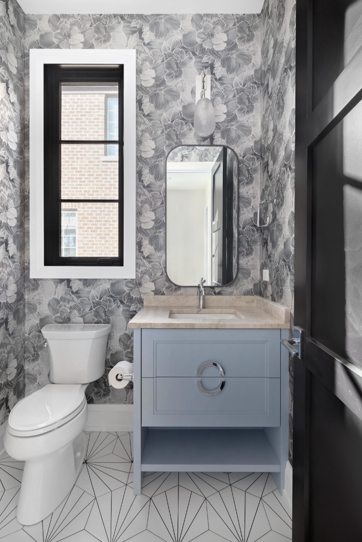 Dawn Reeves Design Luxury Interior Design Chicago Illinois Kenilworth 1 Powder Room Floral Wallpaper Blue Vanity