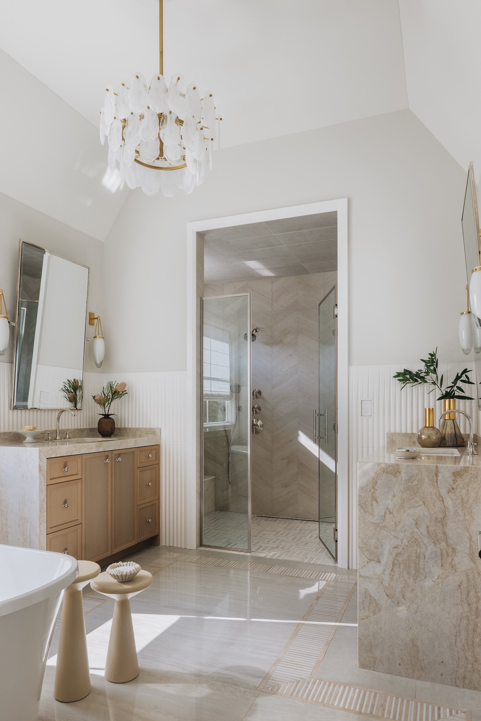 Dawn Reeves Design Luxury Interior Design Chicago Illinois Hinsdale Primary Bath Capiz Chandelier