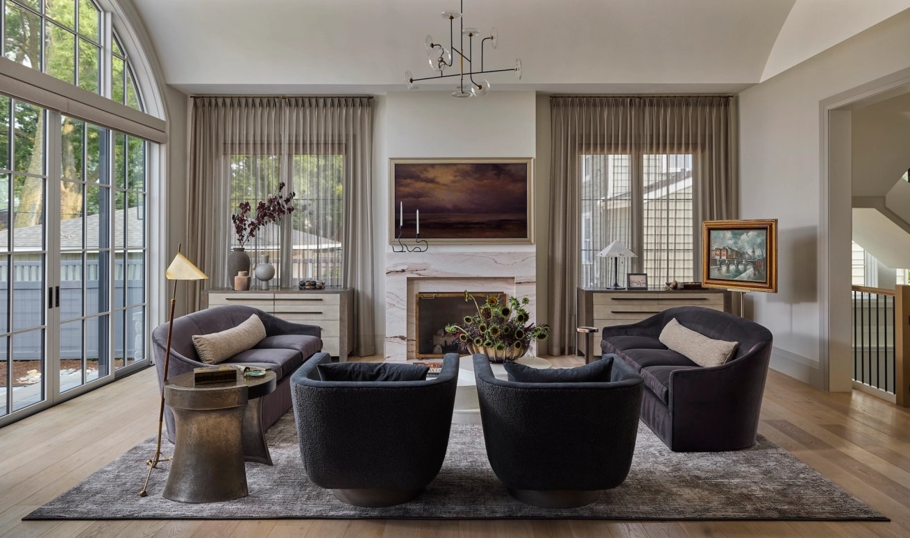 Dawn Reeves Design Luxury Interior Design Chicago Illinois Kenilworth Living Room Dark Armchairs And Fireplace