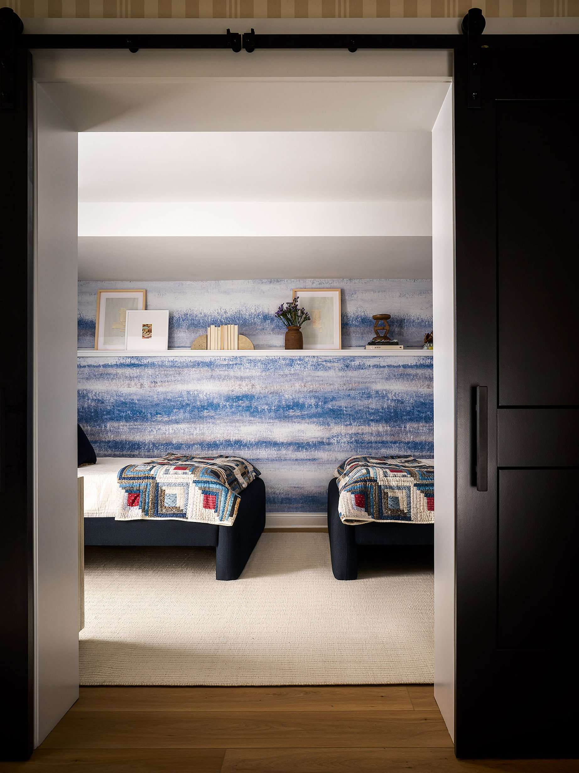 Dawn Reeves Design Luxury Interior Design Chicago Illinois Melrose Bunk Room View Through Barn Door