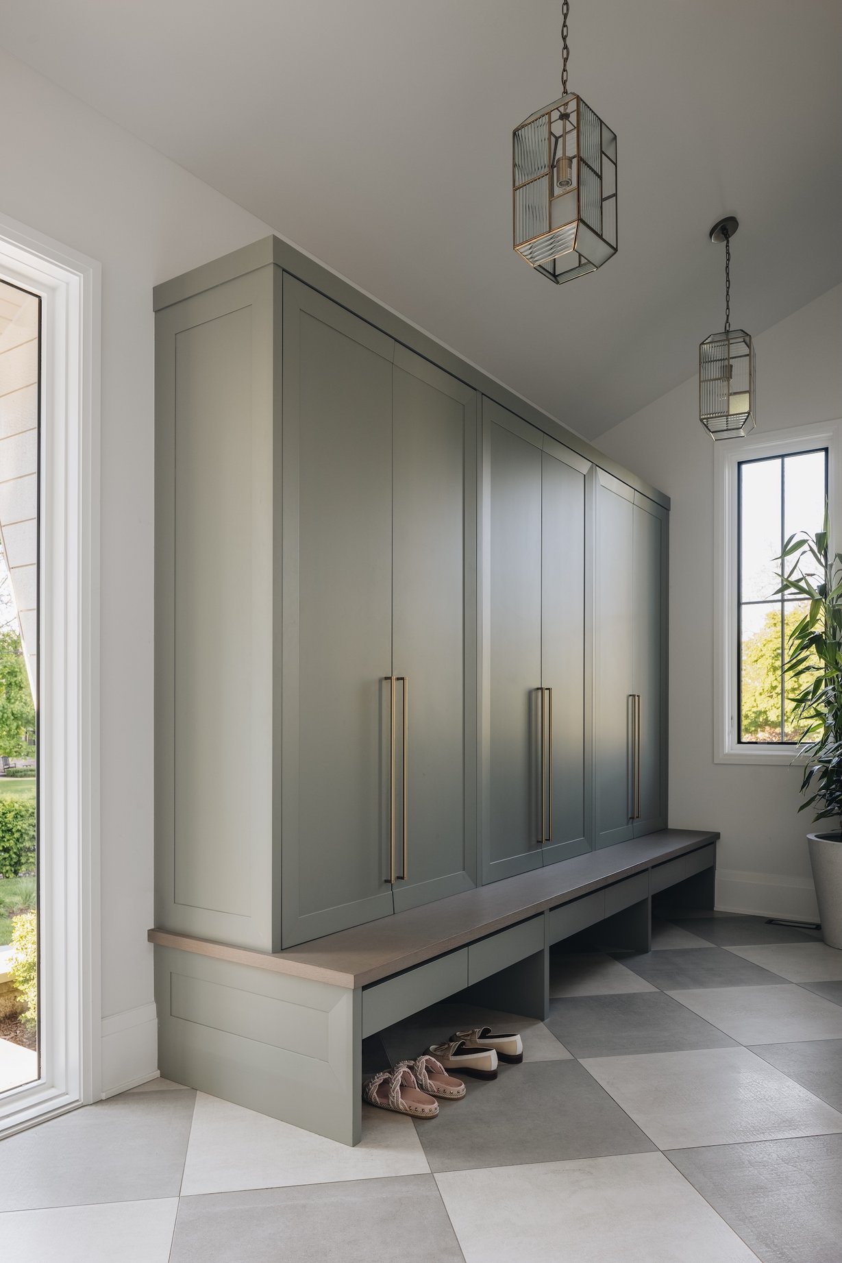 Dawn Reeves Design Luxury Interior Design Chicago Illinois Wilson Mudroom Sage Lockers Checker Tile