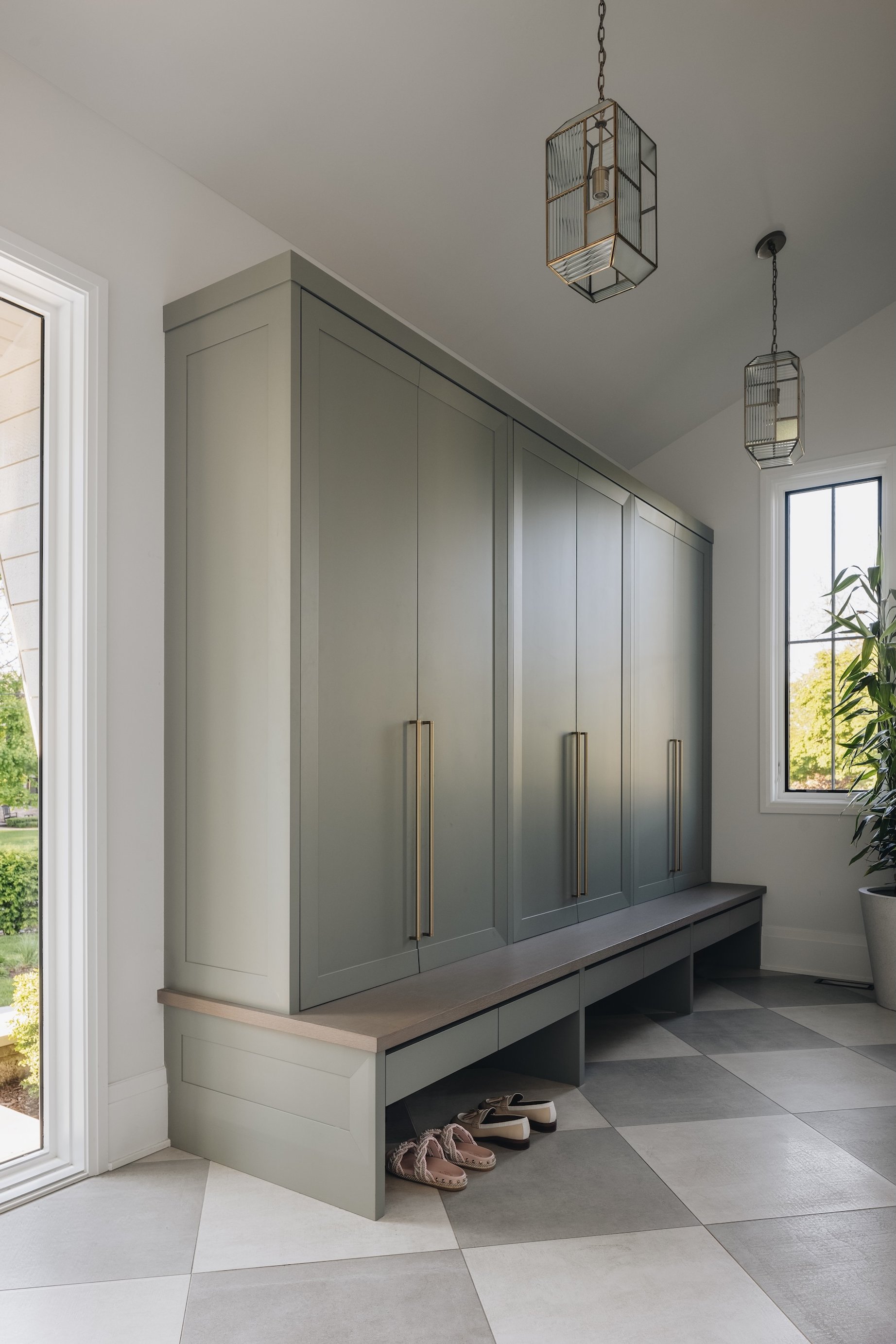 Dawn Reeves Design Luxury Interior Design Chicago Illinois Wilson Mudroom Sage Lockers Checker Tile