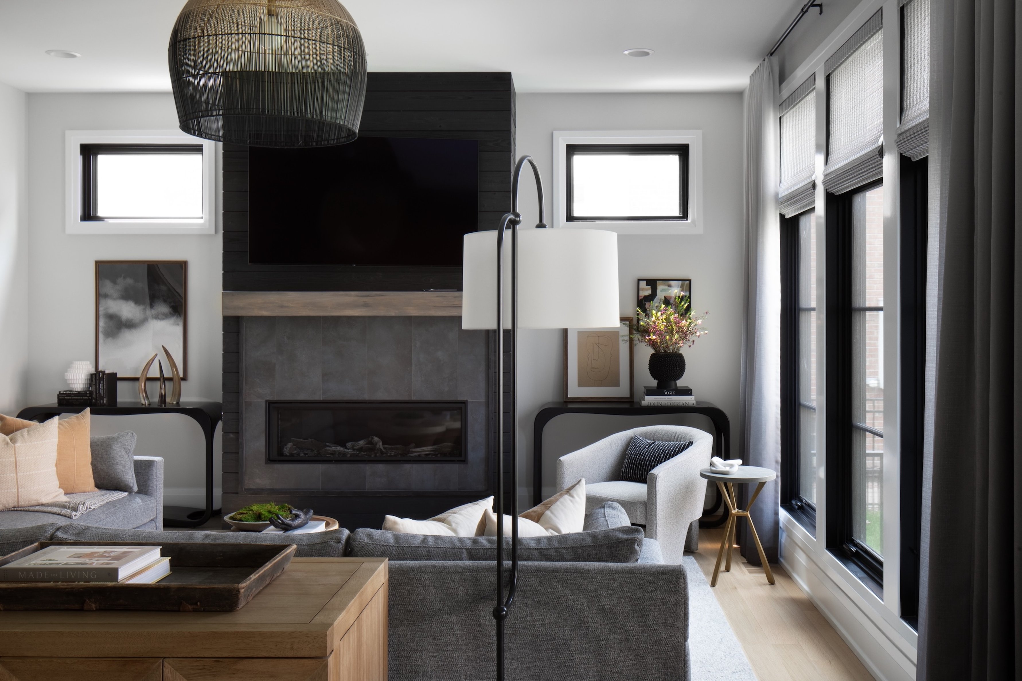 Dawn Reeves Design Luxury Interior Design Chicago Illinois Kenilworth 1 Living Room Fireplace Basket Pendant
