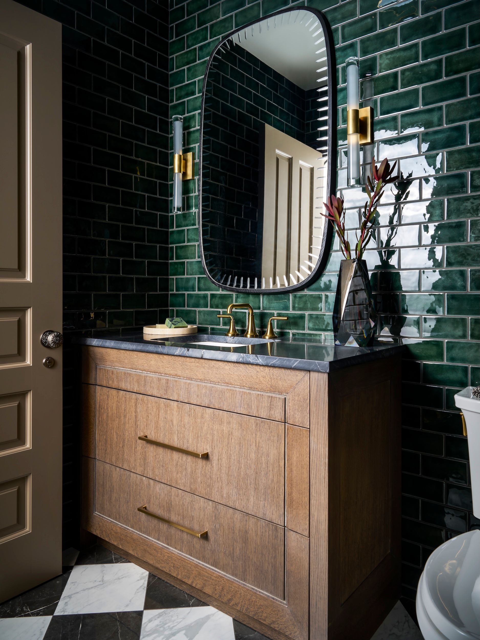 Dawn Reeves Design Luxury Interior Design Chicago Illinois Lincoln Powder Room Green Tile Wood Vanity