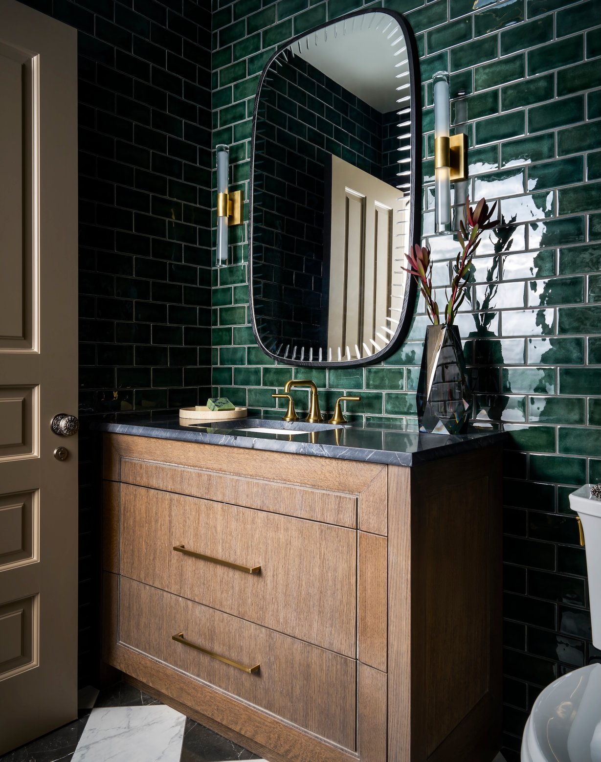Dawn Reeves Design Luxury Interior Design Chicago Illinois Lincoln Powder Room Green Tile Wood Vanity