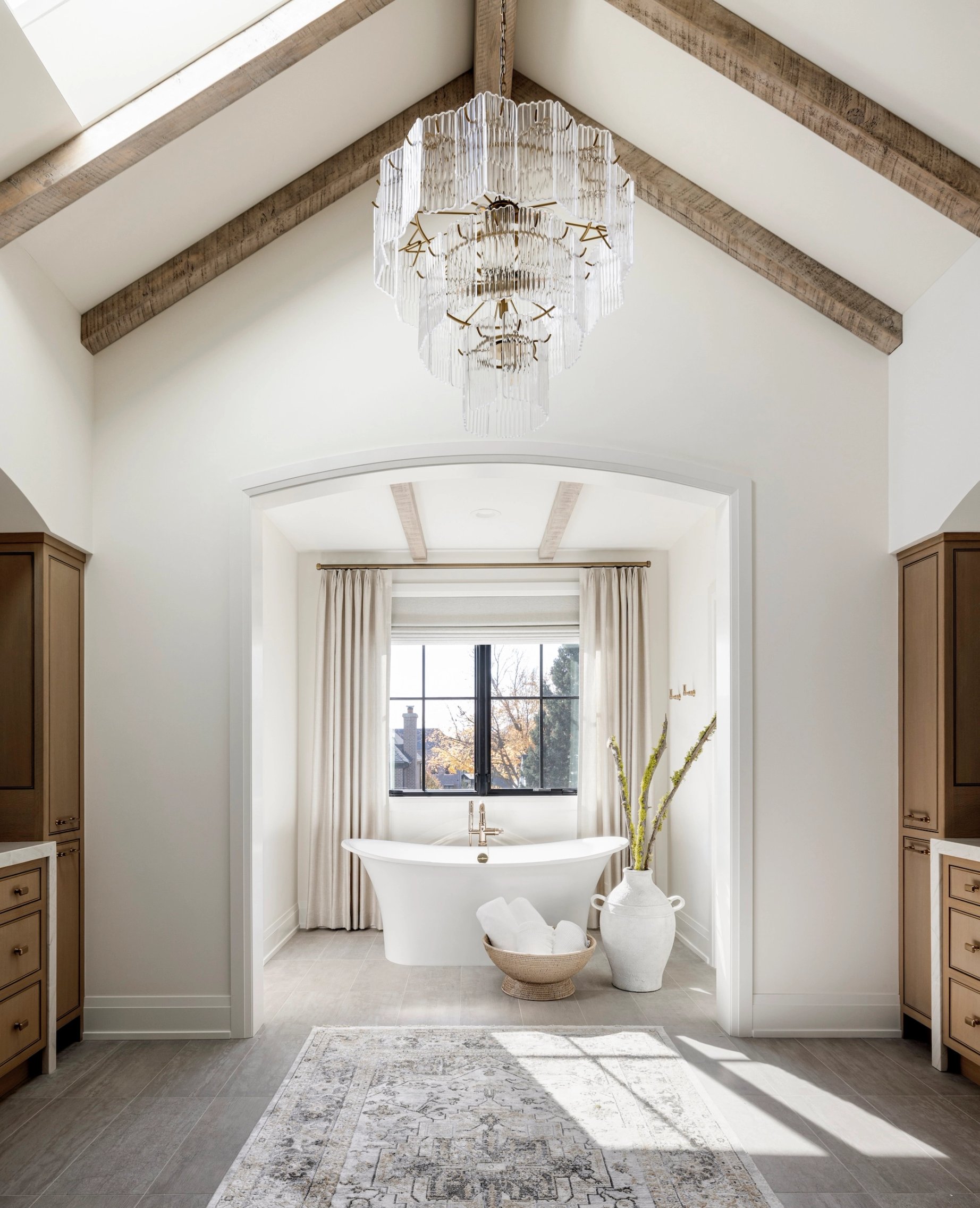 Dawn Reeves Design Luxury Interior Design Chicago Illinois Vallette Primary Bath Crystal Chandelier Tub