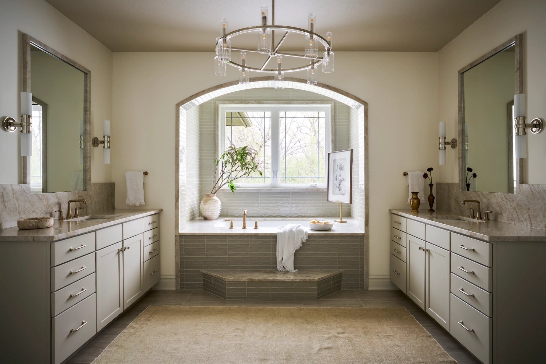 Dawn Reeves Design Luxury Interior Design Chicago Illinois Lake Geneva Primary Bath Arched Tub Alcove Chandelier