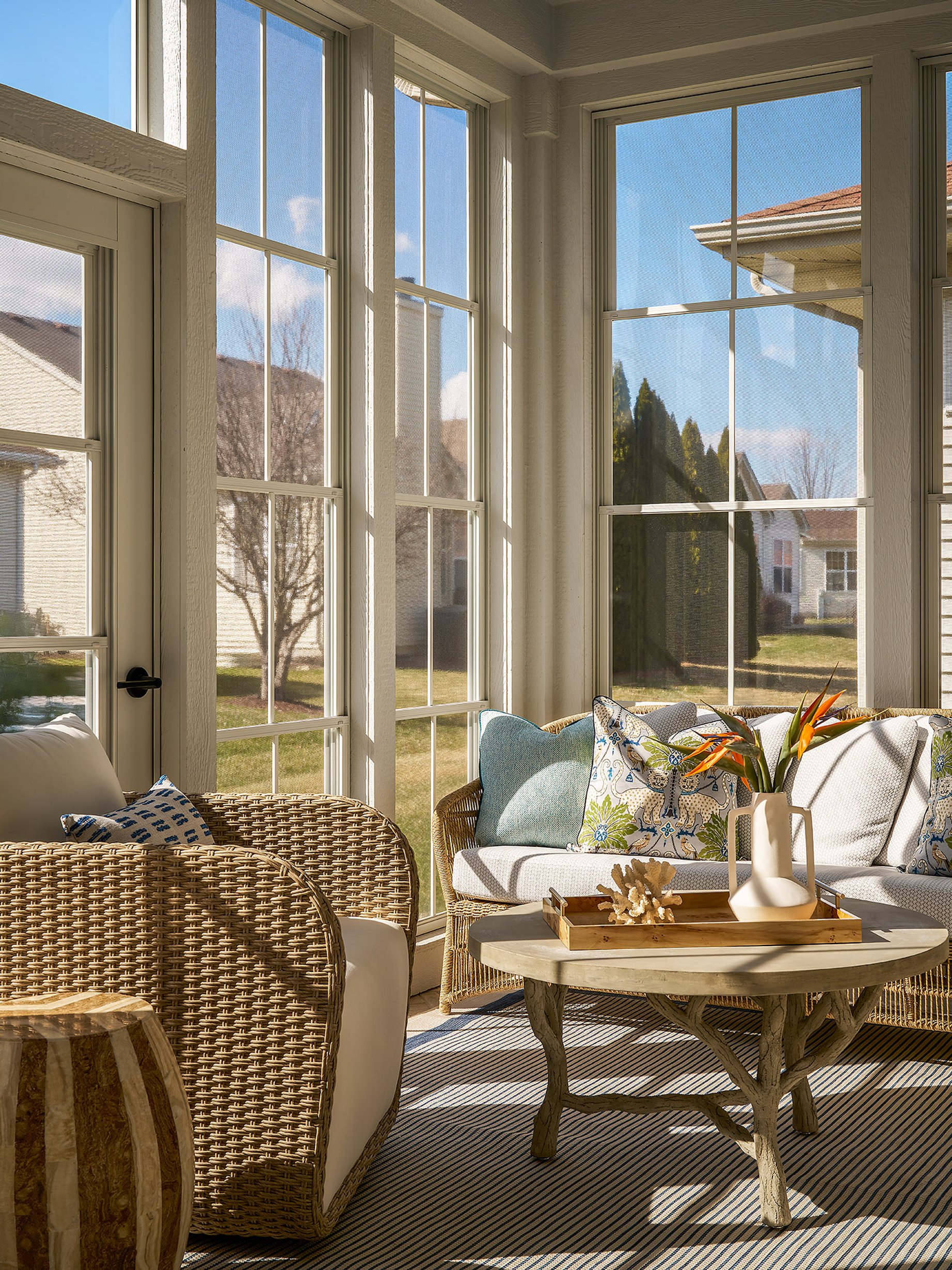 Dawn Reeves Design Luxury Interior Design Chicago Illinois Melrose Sunroom Woven Chairs Windows