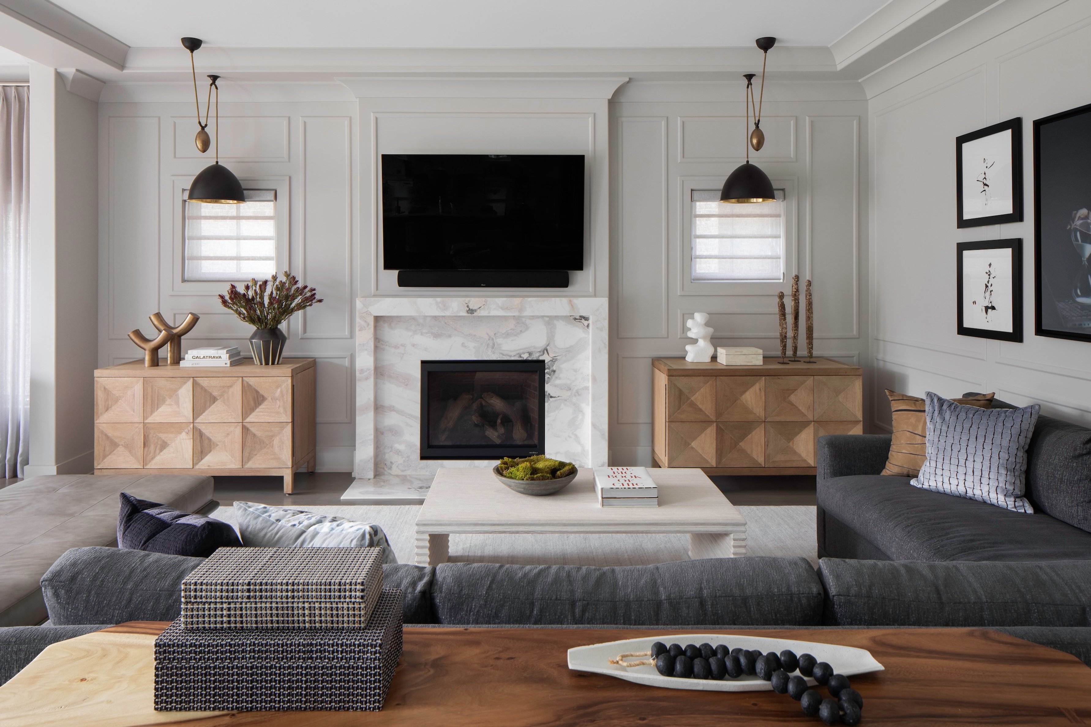 Dawn Reeves Design Luxury Interior Design Chicago Illinois South Family Room TV Fireplace Wide