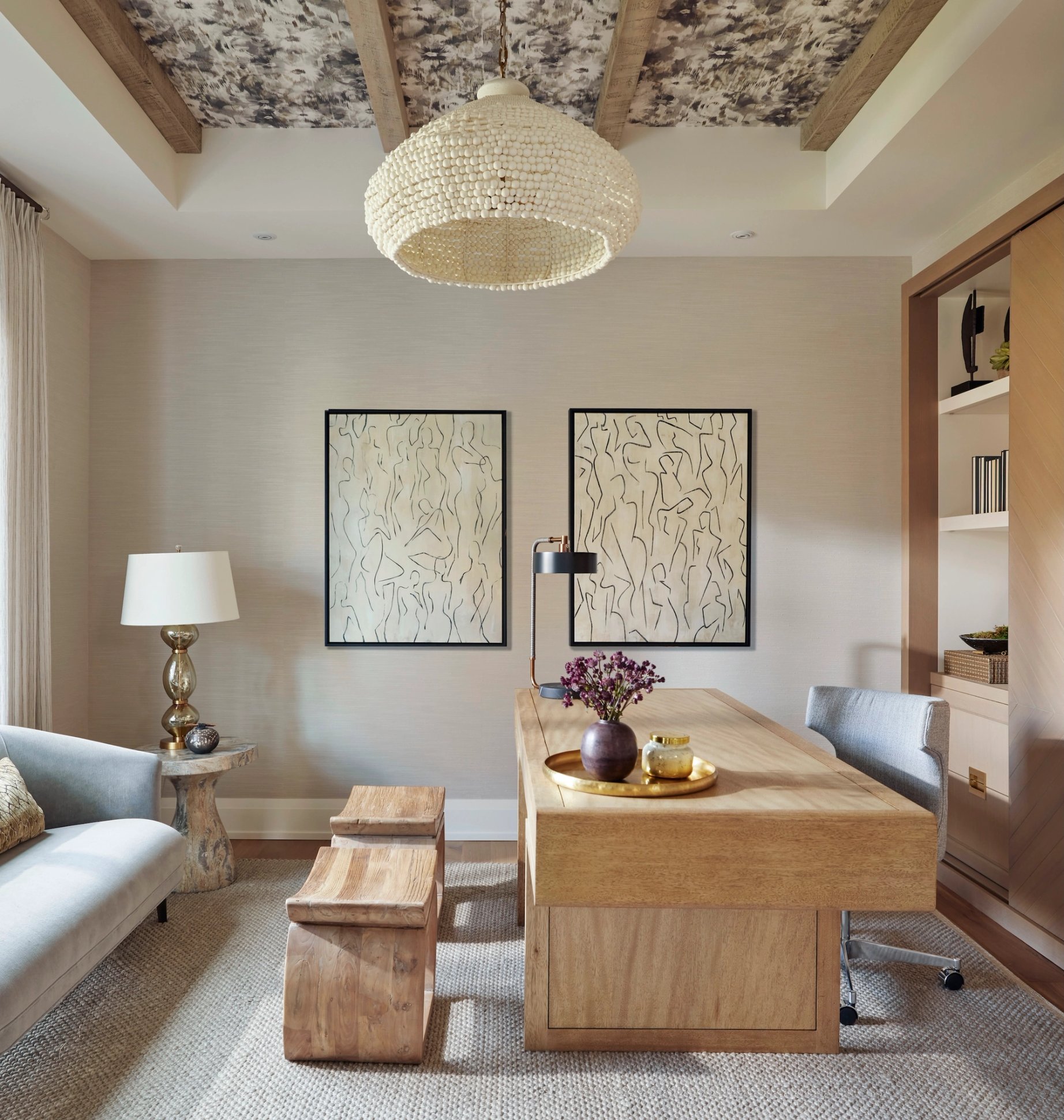 Dawn Reeves Design Luxury Interior Design Chicago Illinois Vallette Office Beaded Chandelier Wood Desk
