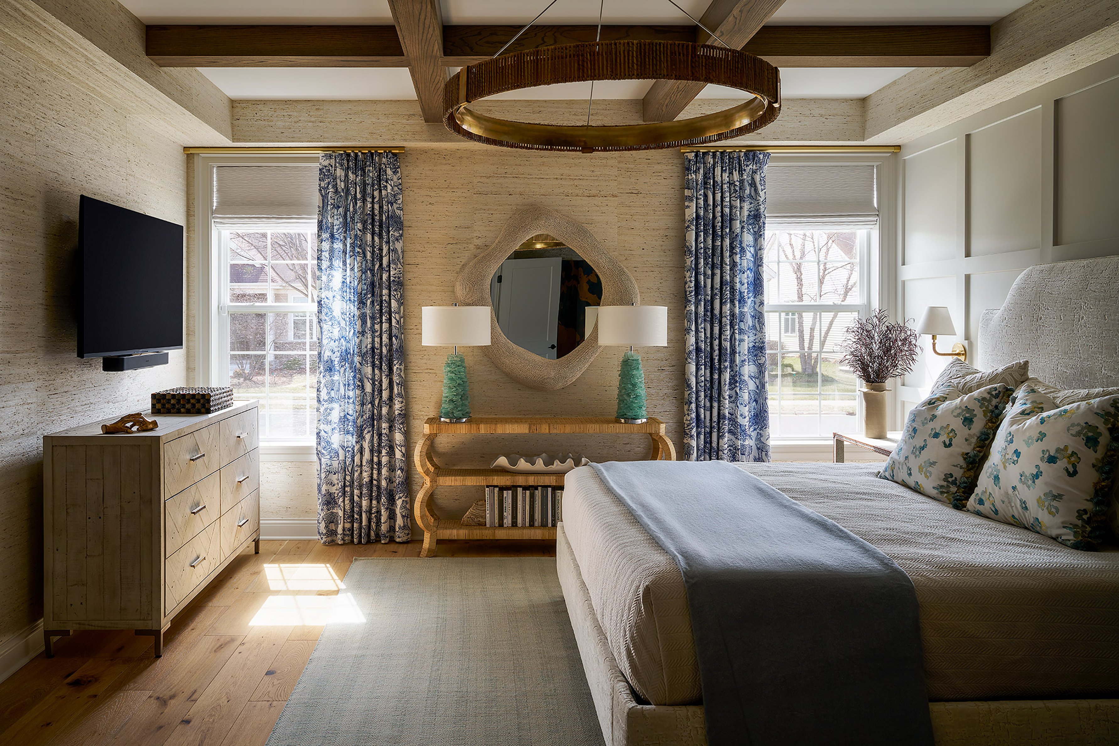 Dawn Reeves Design Luxury Interior Design Chicago Illinois Melrose Primary Bedroom Brass Ring Chandelier