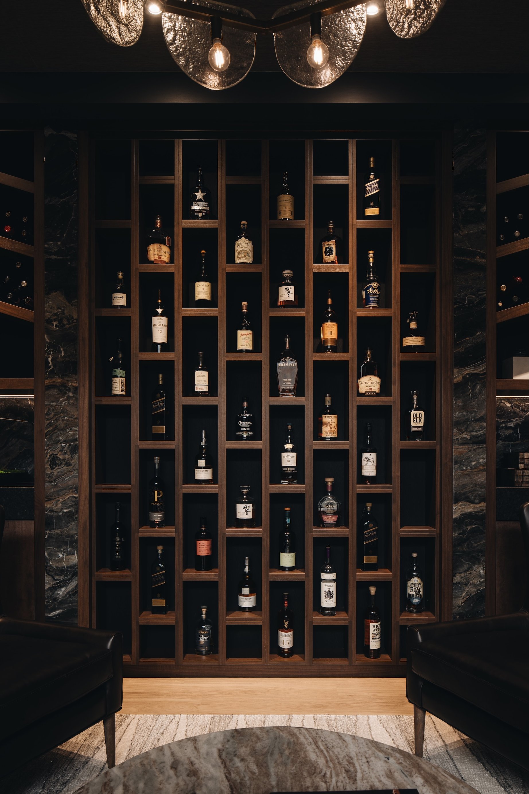 Dawn Reeves Design Luxury Interior Design Chicago Illinois Wilson Whiskey Bottle Display Close