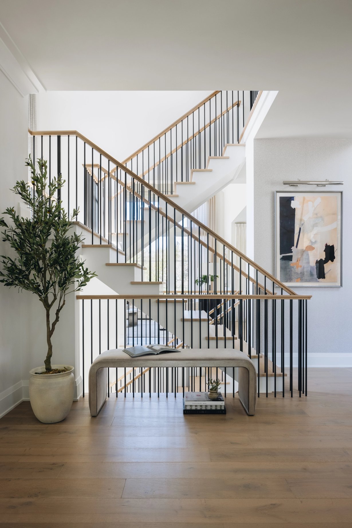 Dawn Reeves Design Luxury Interior Design Chicago Illinois Hinsdale Foyer Stairs Olive Tree Bench