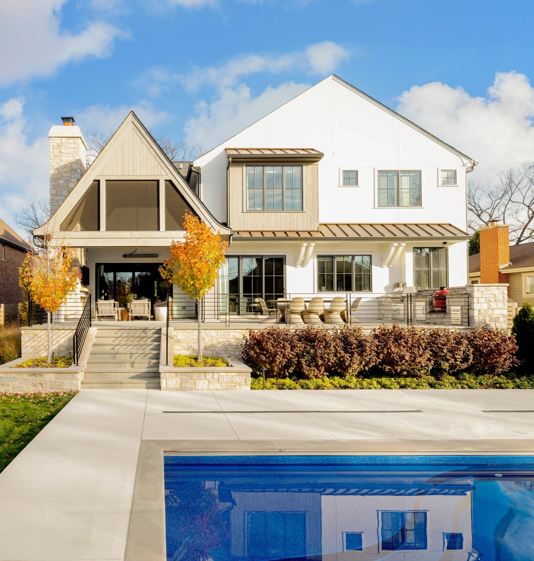 Dawn Reeves Design Luxury Interior Design Chicago Illinois Vallette Rear Exterior Pool Autumn