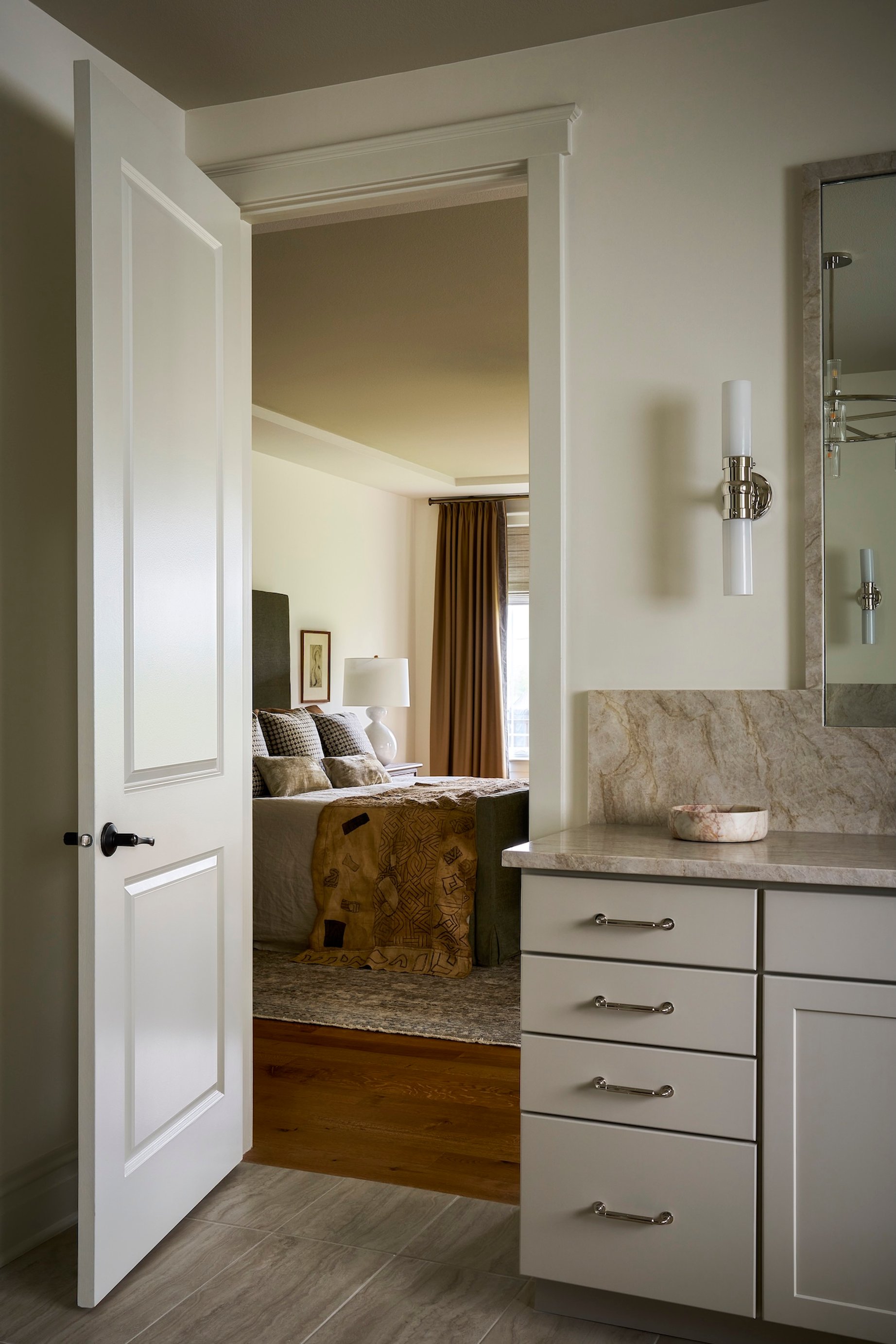 Dawn Reeves Design Luxury Interior Design Chicago Illinois Lake Geneva Bathroom Doorway View To Bedroom