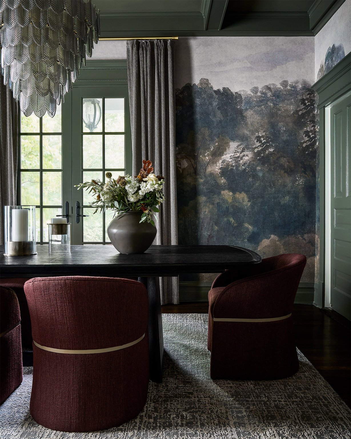 Dining Room Scenic Mural Burgundy Chairs