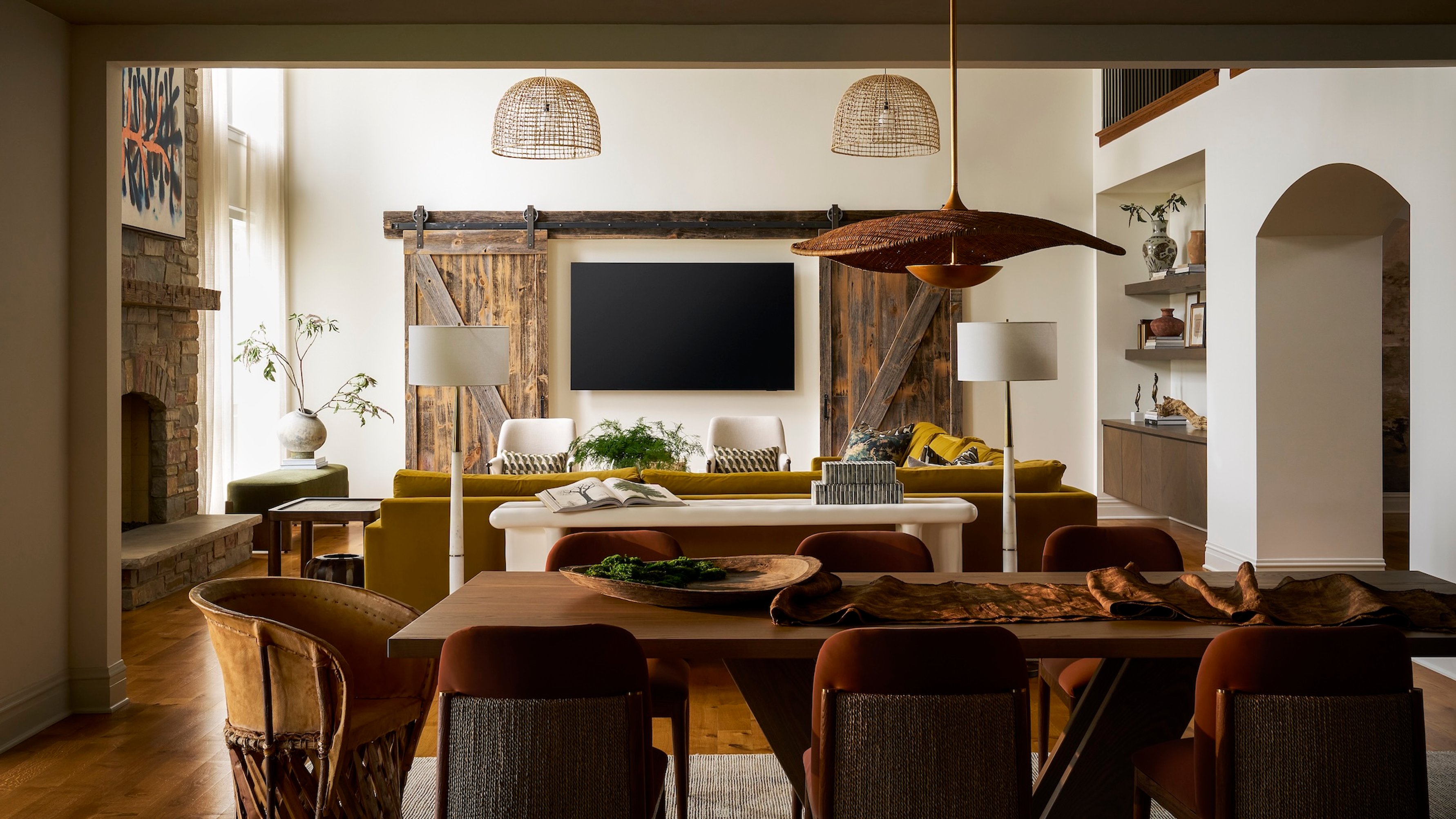 Dawn Reeves Design Luxury Interior Design Chicago Illinois Lake Geneva Great Room Barn Doors Dining Table View