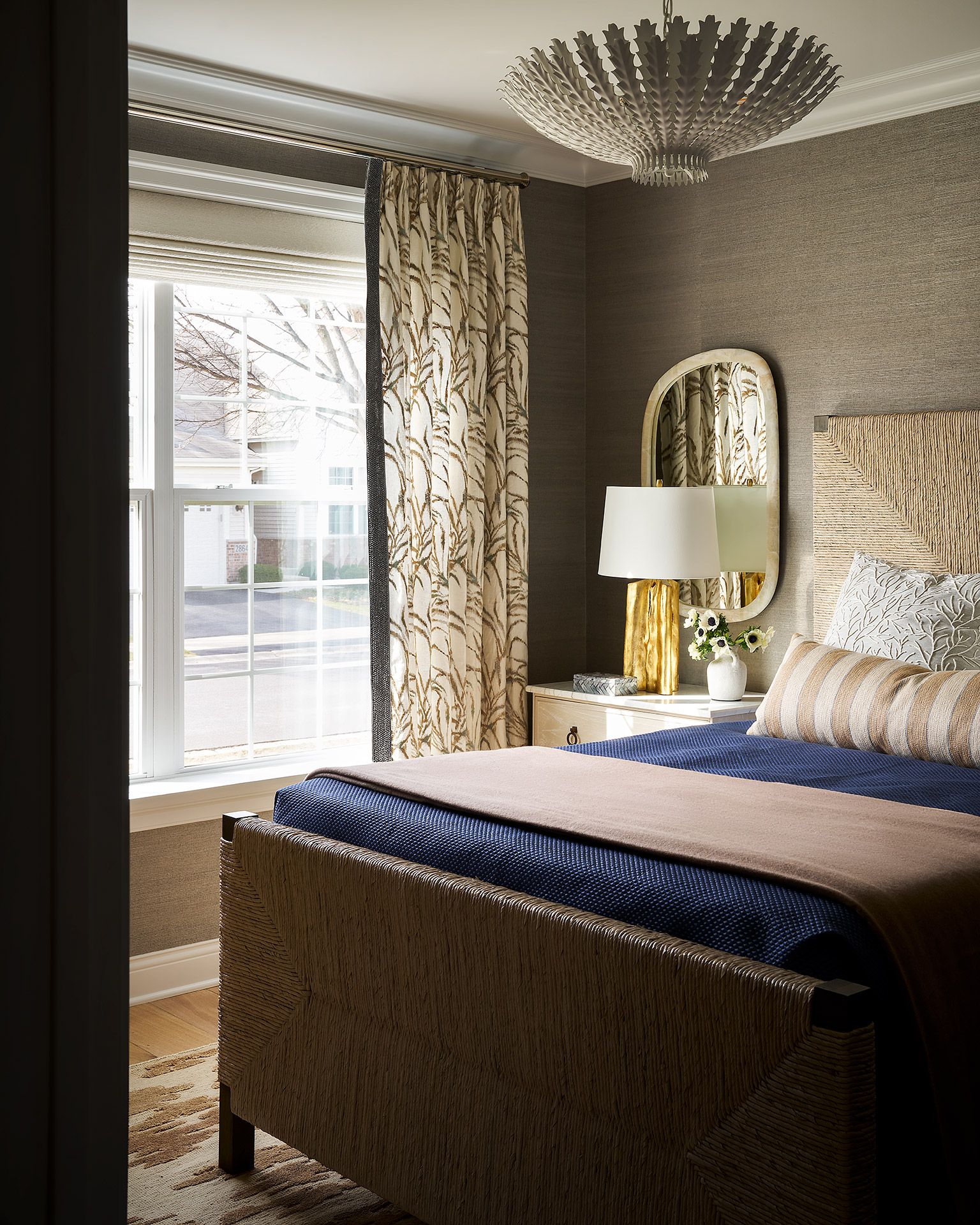 Dawn Reeves Design Luxury Interior Design Chicago Illinois Melrose Bedroom Woven Pendant Leaf Curtains