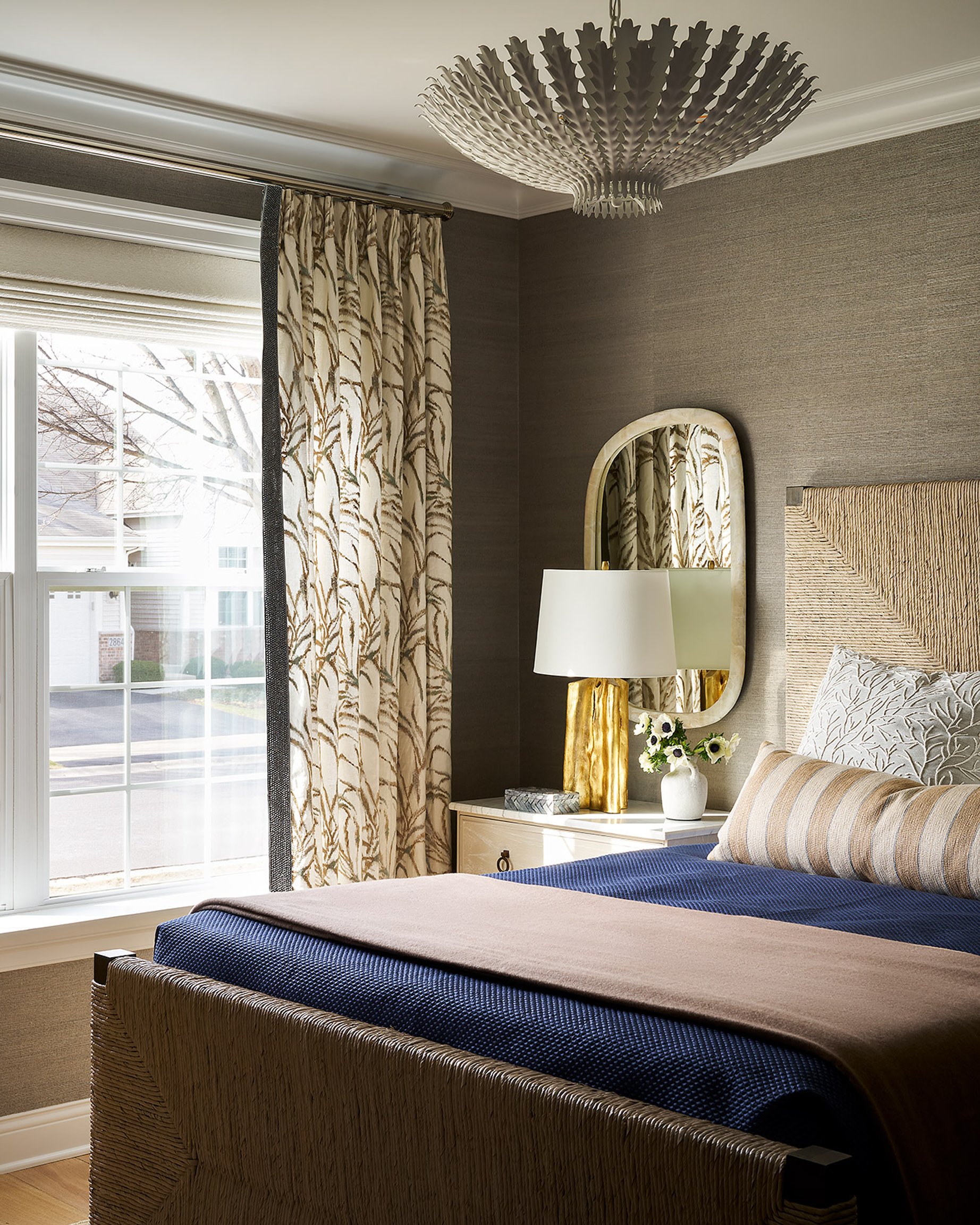 Dawn Reeves Design Luxury Interior Design Chicago Illinois Melrose Bedroom Woven Pendant Leaf Curtains