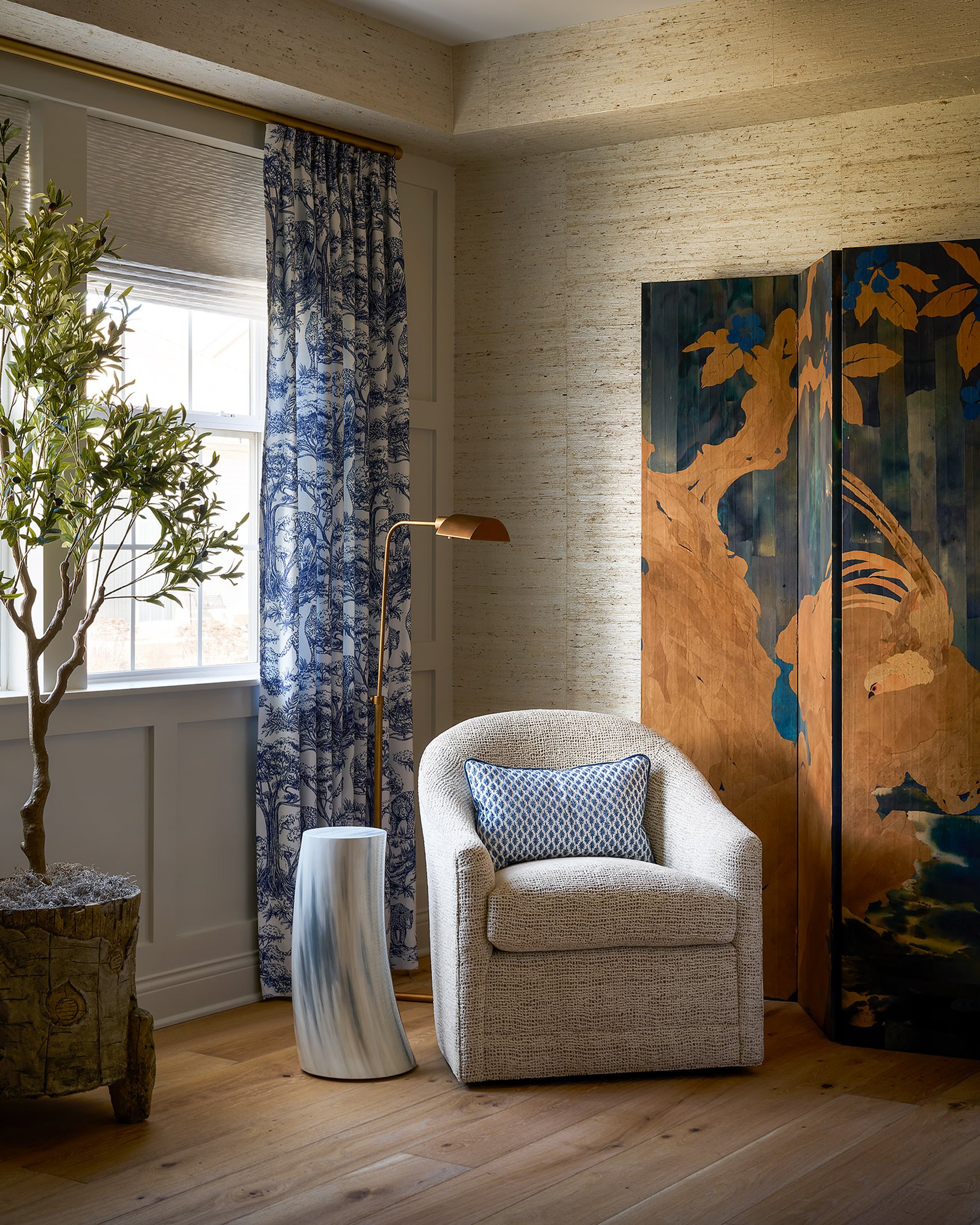 Dawn Reeves Design Luxury Interior Design Chicago Illinois Melrose Sitting Corner Crane Screen Olive Tree