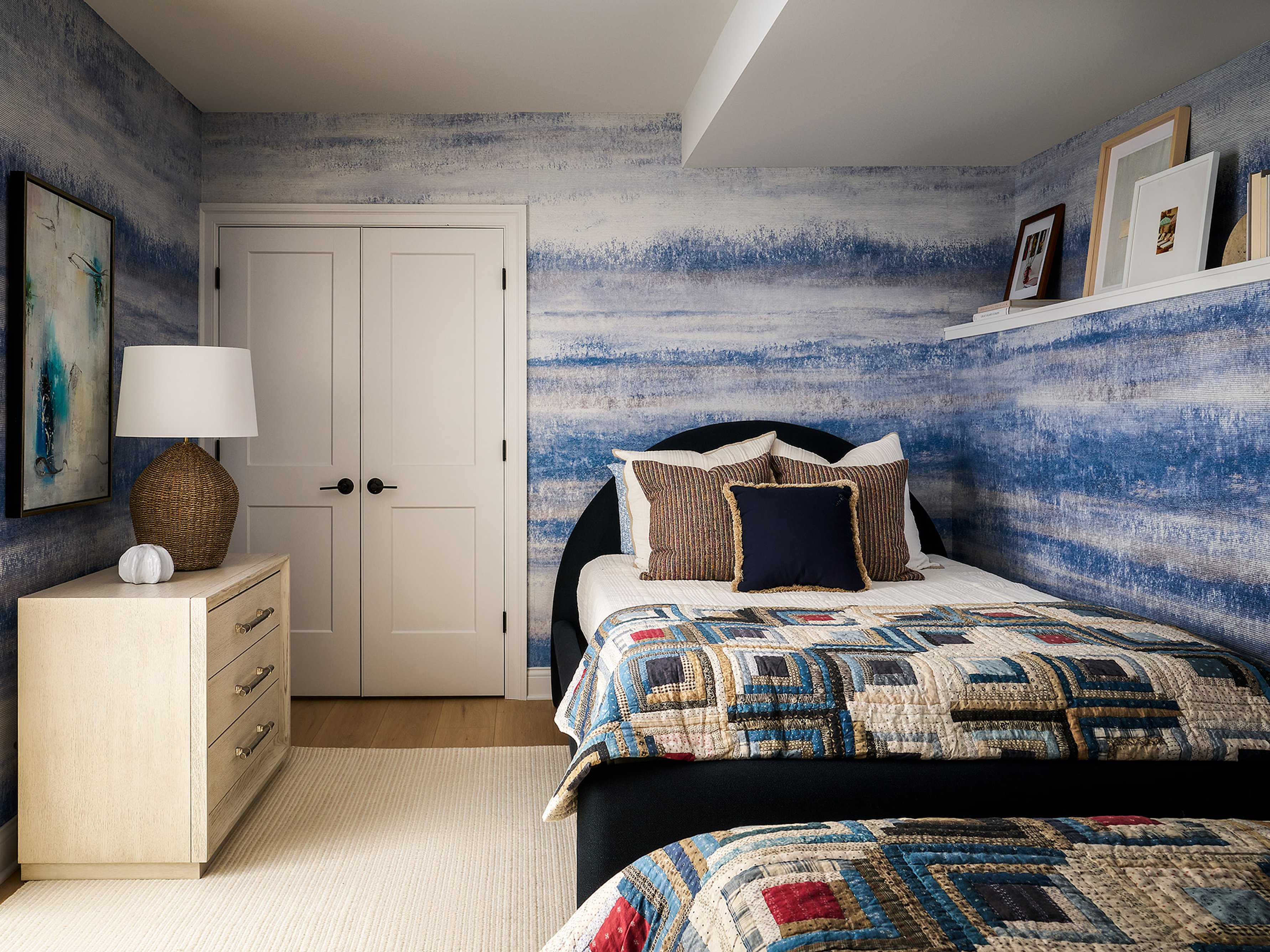 Dawn Reeves Design Luxury Interior Design Chicago Illinois Melrose Bunk Room Blue Striped Wall