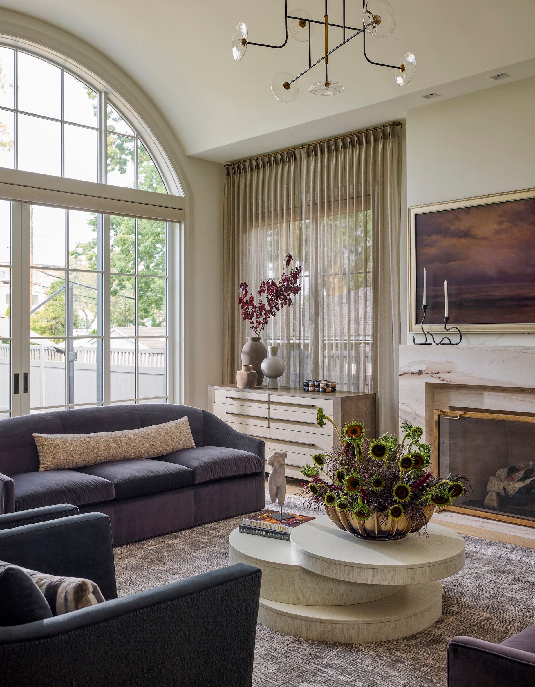 Dawn Reeves Design Luxury Interior Design Chicago Illinois Kenilworth II Living Room Arched Window Sunflowers