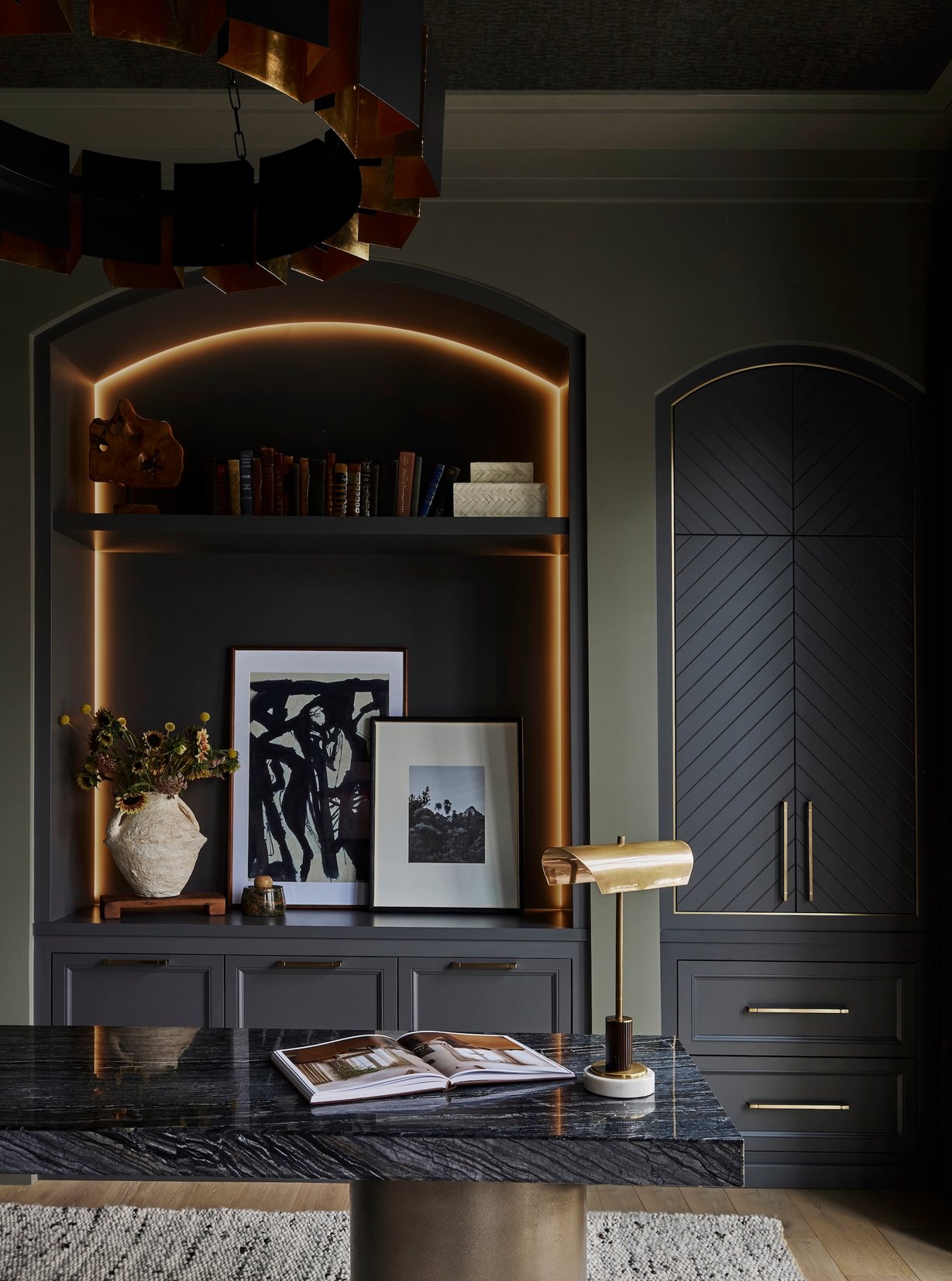 Dawn Reeves Design Luxury Interior Design Chicago Illinois Kenilworth II Office Dark Built Ins Brass Chandelier