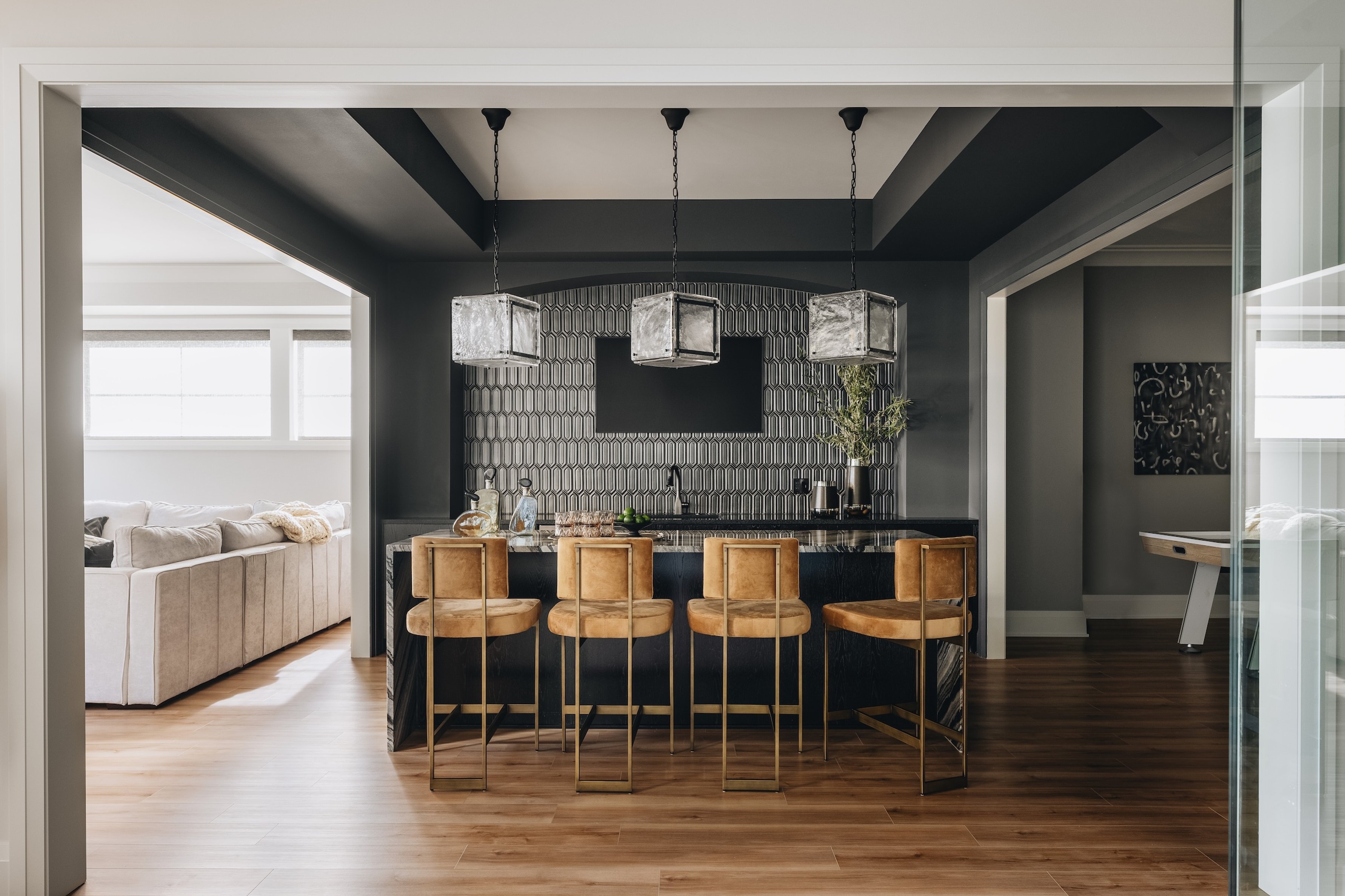 Dawn Reeves Design Luxury Interior Design Chicago Illinois Hinsdale Bar Leather Stools Tile Wall