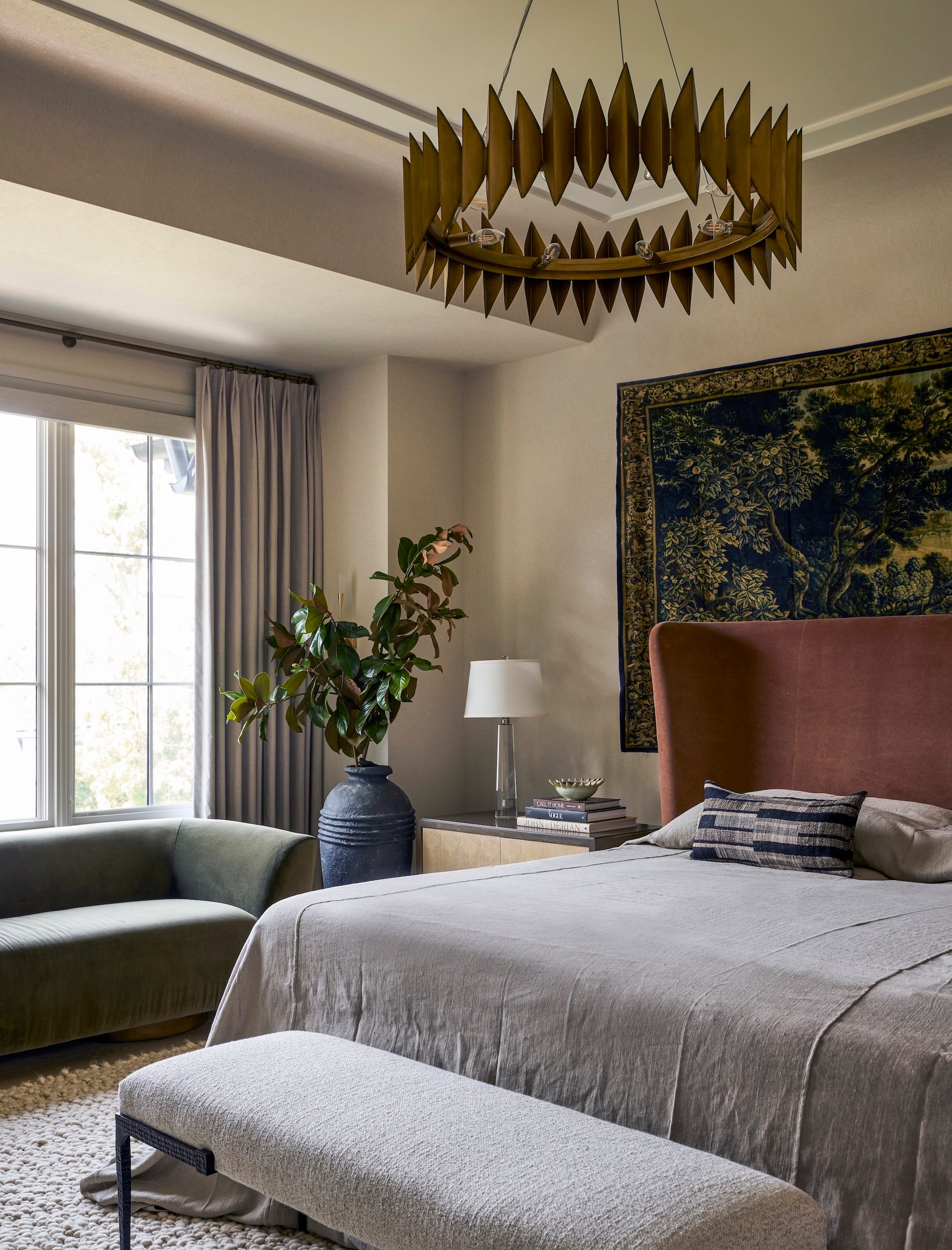 Dawn Reeves Design Luxury Interior Design Chicago Illinois Kenilworth Primary Bedroom Terracotta Headboard And Tapestry