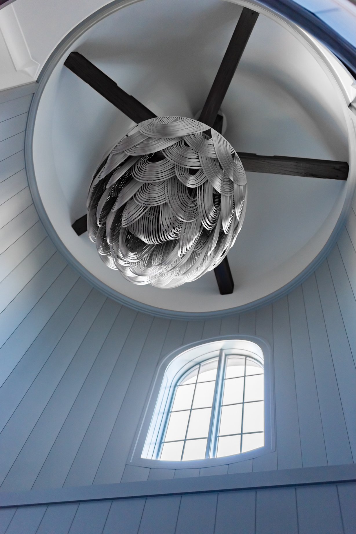 Dawn Reeves Design Luxury Interior Design Chicago Illinois South Stairwell Silver Artichoke Pendant