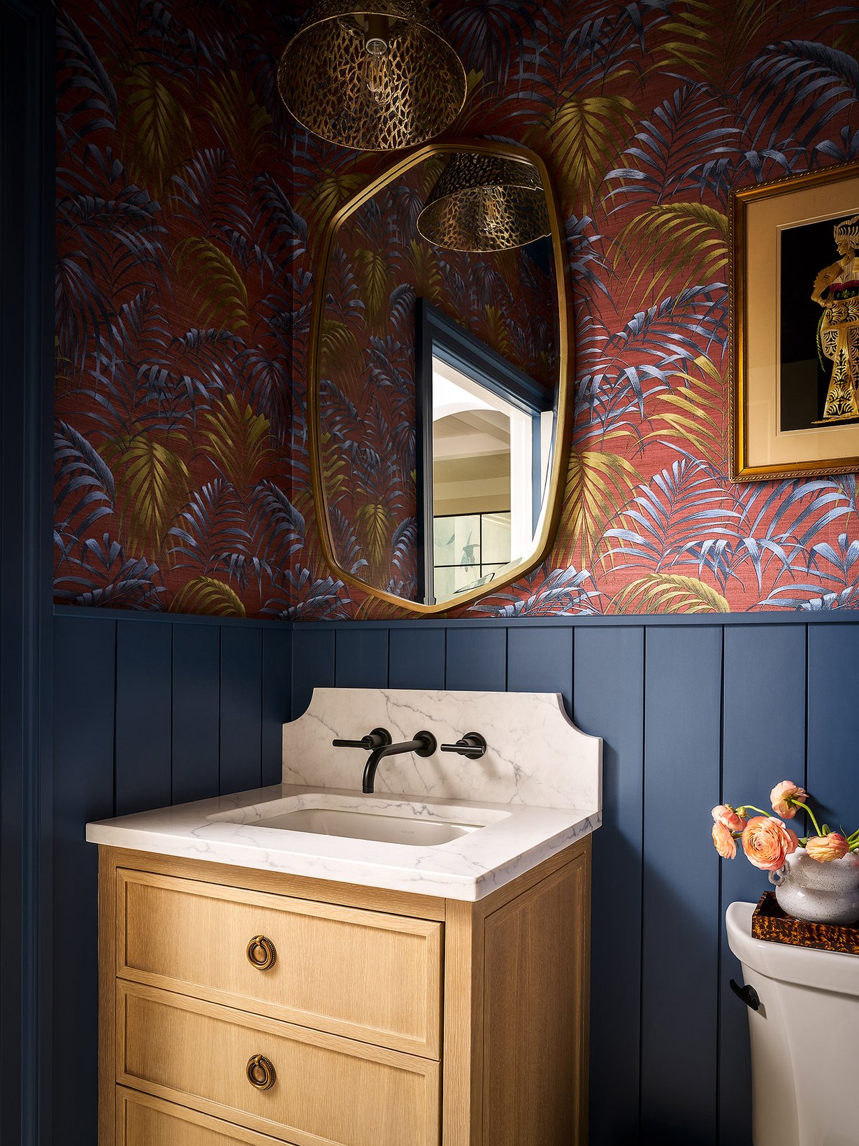 Dawn Reeves Design Luxury Interior Design Chicago Illinois Melrose Powder Room Palm Wallpaper Gold Mirror