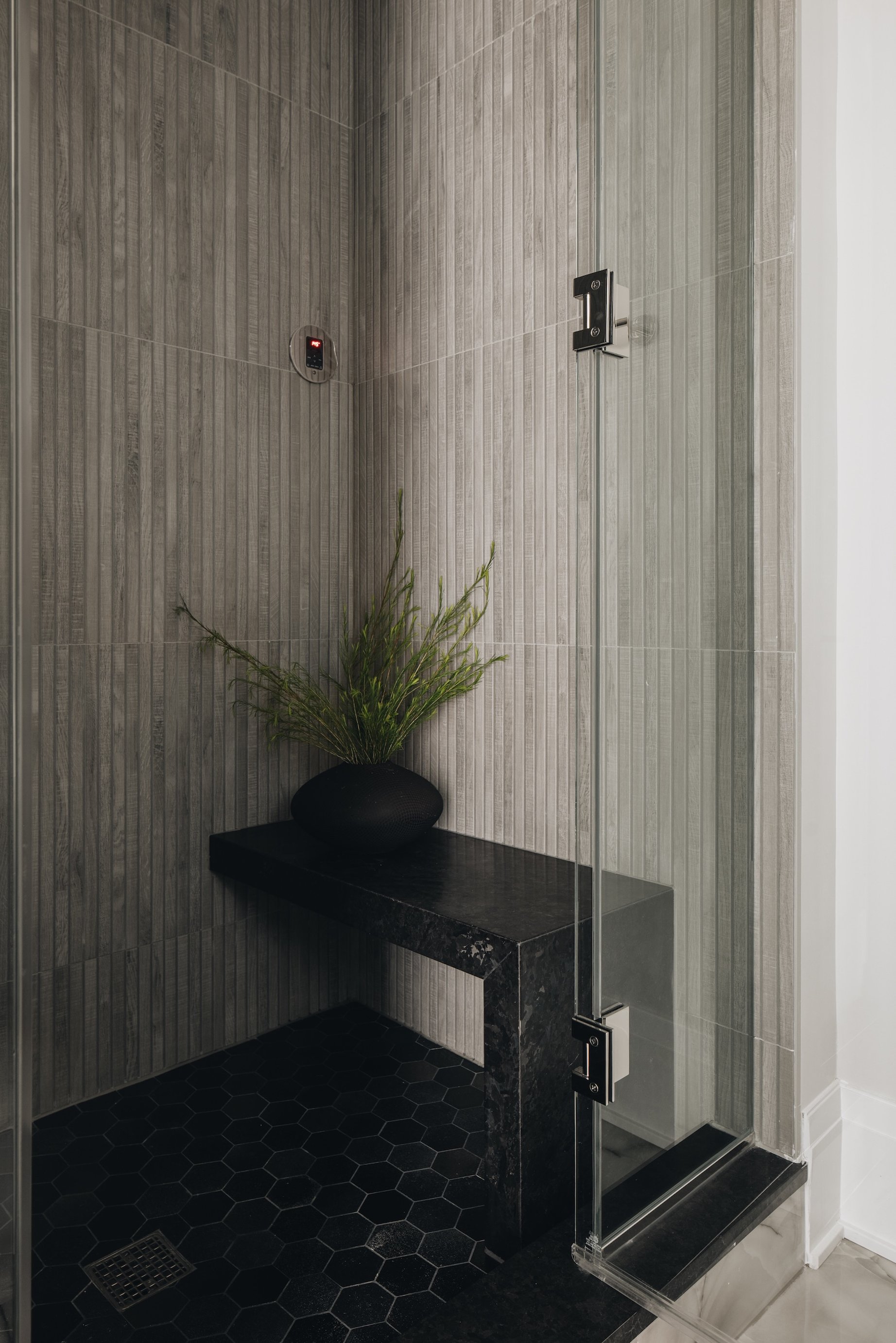 Dawn Reeves Design Luxury Interior Design Chicago Illinois Wilson Steam Shower Hex Tile Black Bench