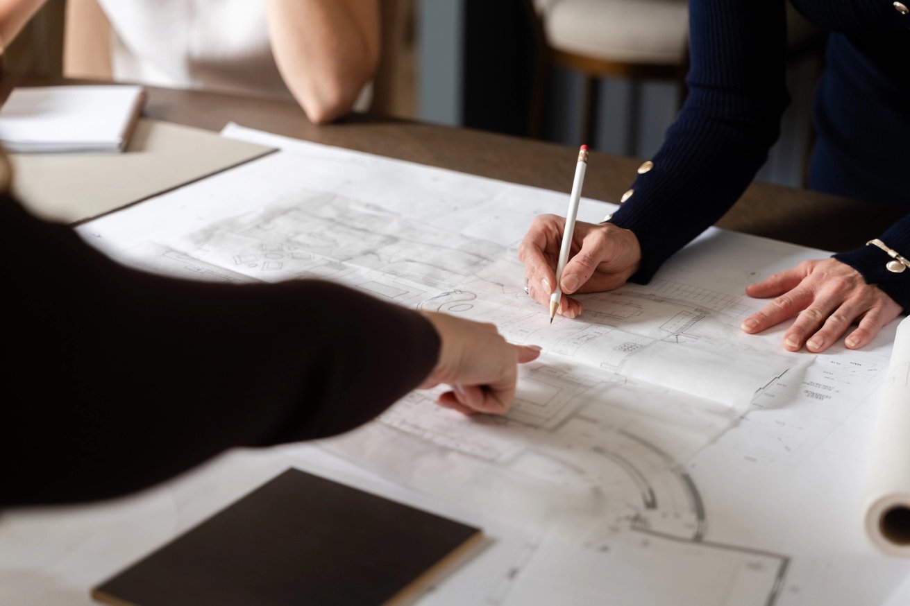 Dawn Reeves Design Luxury Interior Design Chicago Illinois Hands Marking Floor Plans At Table
