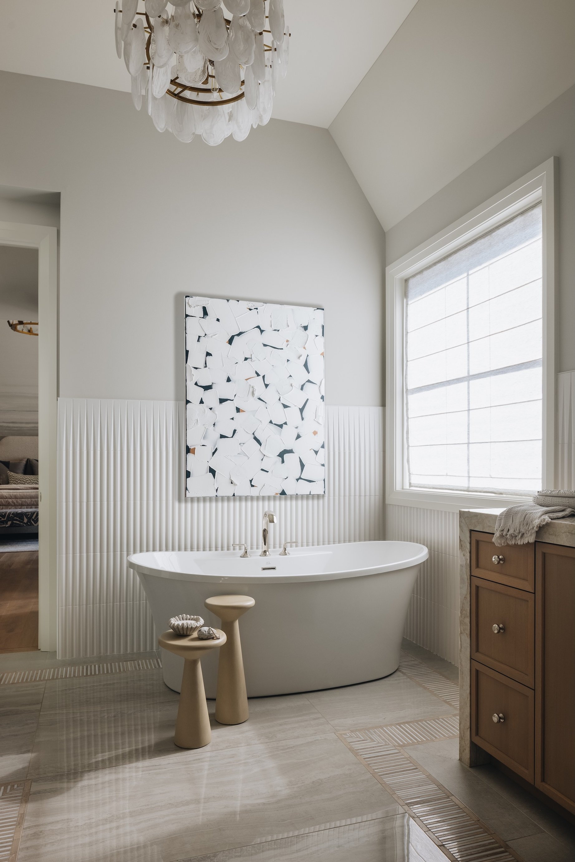 Dawn Reeves Design Luxury Interior Design Chicago Illinois Hinsdale Bath Freestanding Tub Terrazzo Art