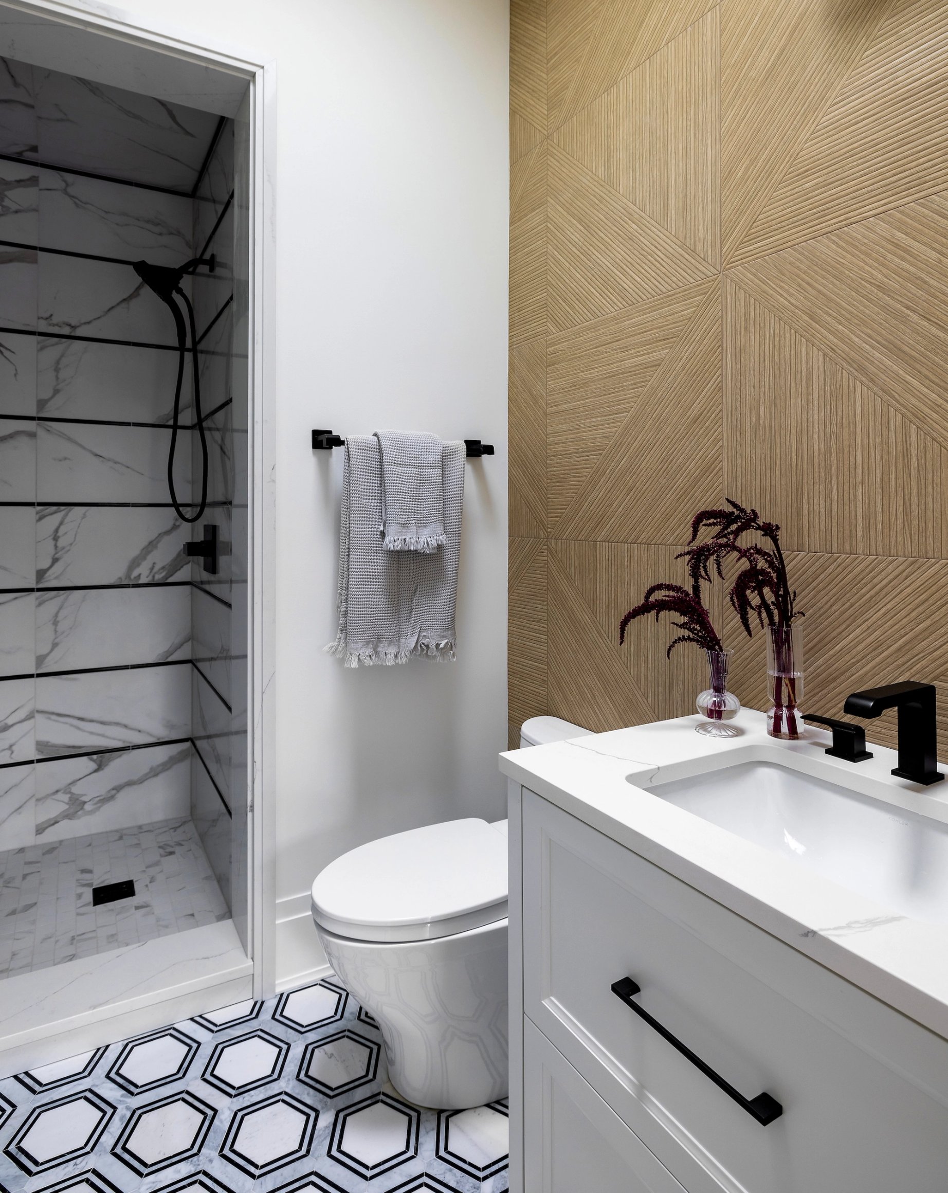 Dawn Reeves Design Luxury Interior Design Chicago Illinois Erie Bath Marble Shower Wood Wall
