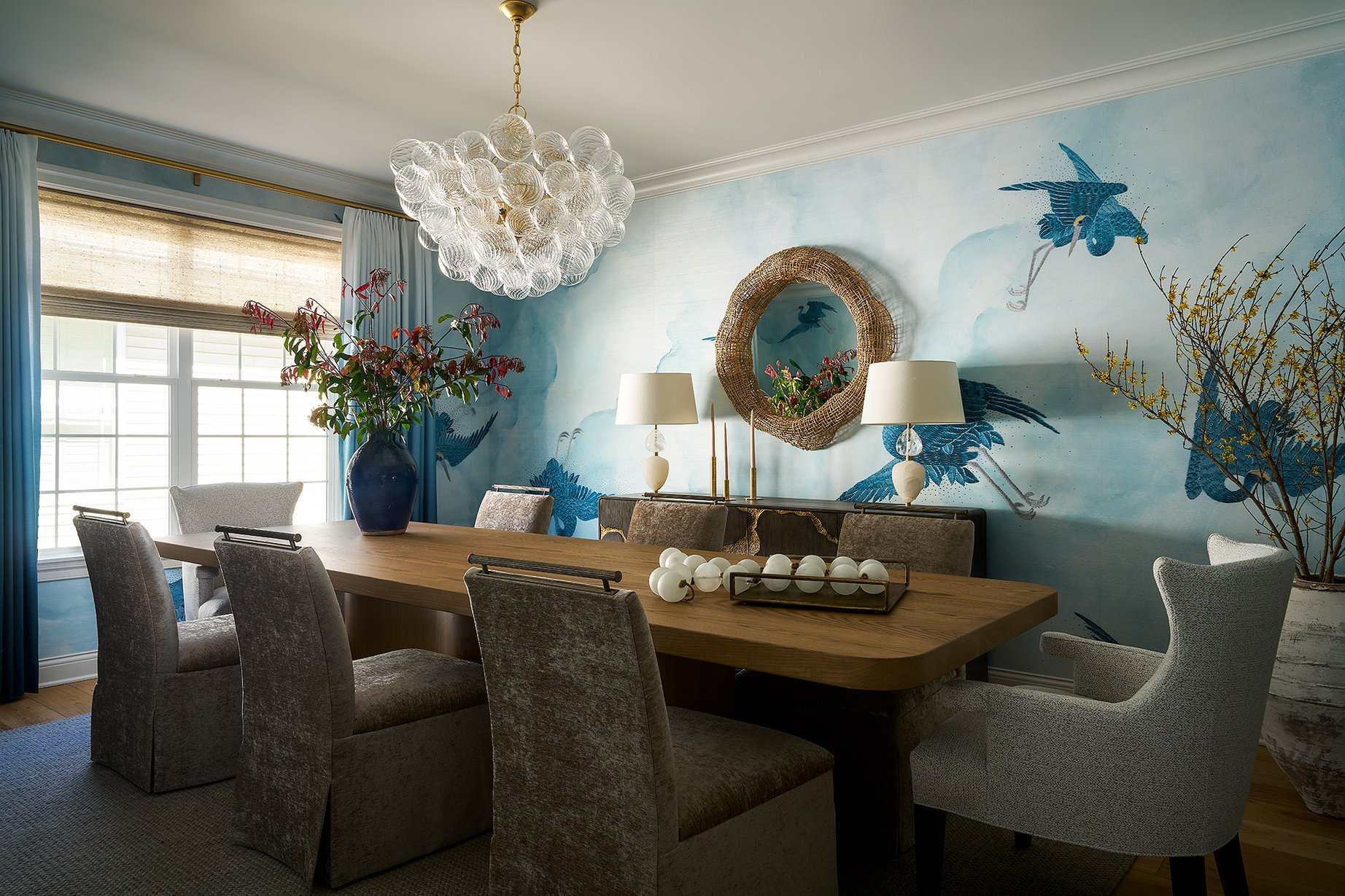 Dawn Reeves Design Luxury Interior Design Chicago Illinois Melrose Dining Room Bubble Chandelier Crane Mural