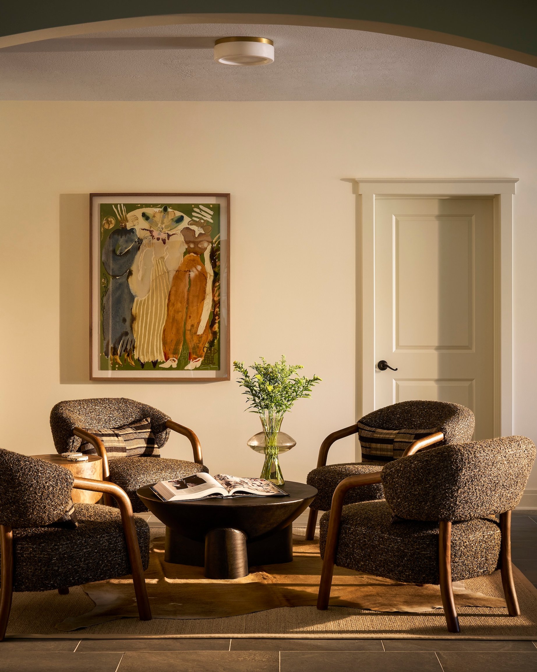 Dawn Reeves Design Luxury Interior Design Chicago Illinois Lake Geneva Sitting Area Round Table Four Chairs
