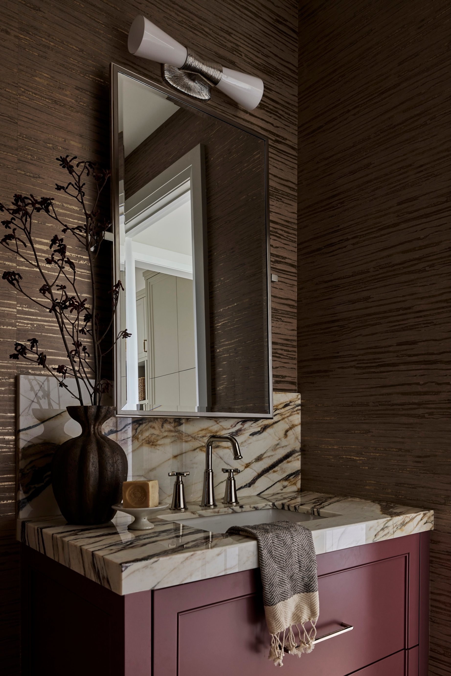 Dawn Reeves Design Luxury Interior Design Chicago Illinois Kenilworth II Powder Room Burgundy Vanity Marble