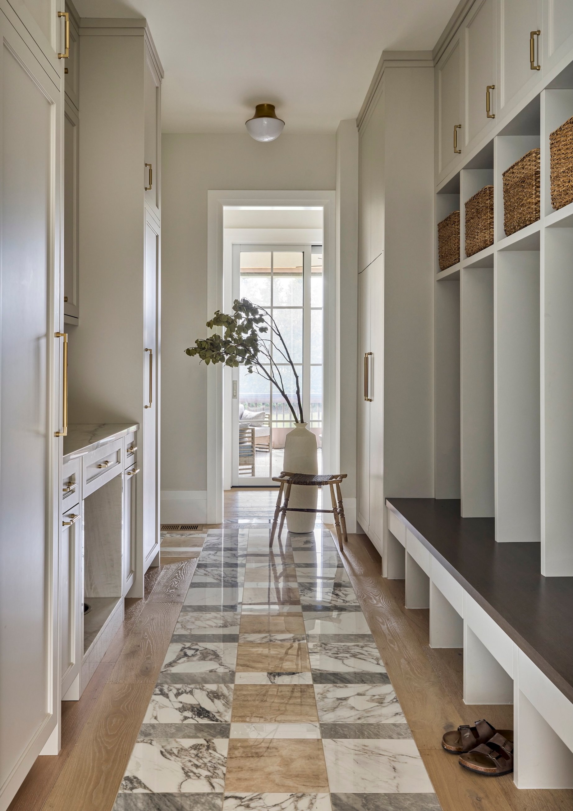 Dawn Reeves Design Luxury Interior Design Chicago Illinois Kenilworth II Mudroom Hall Marble Checker Floor