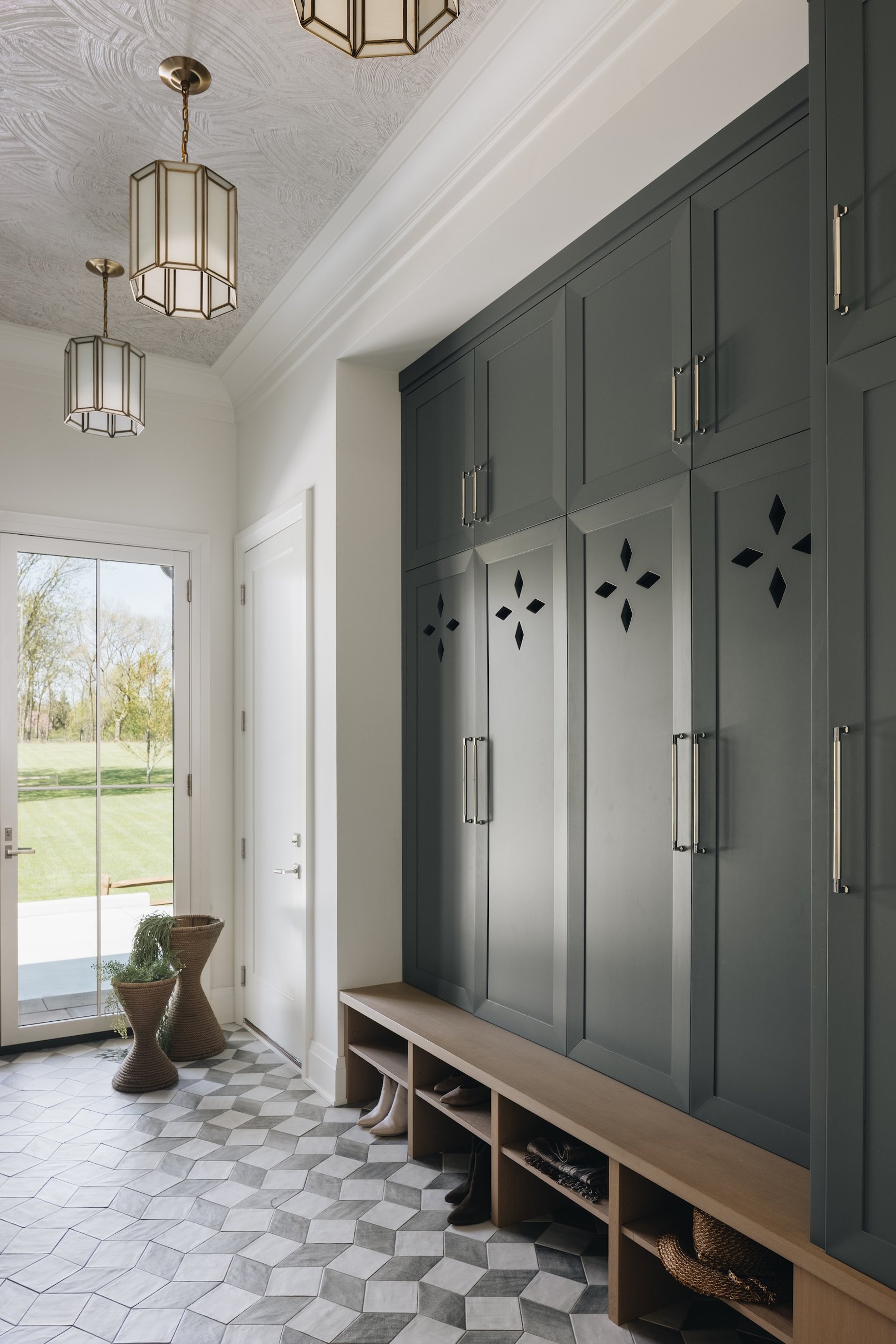 Dawn Reeves Design Luxury Interior Design Chicago Illinois Hinsdale Mudroom Lockers Hex Tile