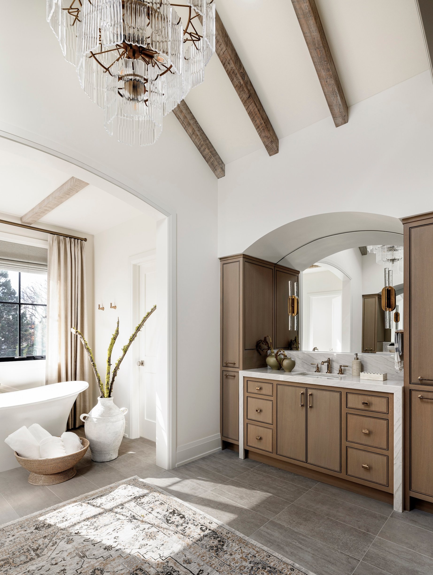 Dawn Reeves Design Luxury Interior Design Chicago Illinois Vallette Primary Bath Wood Vanity Beam Ceiling