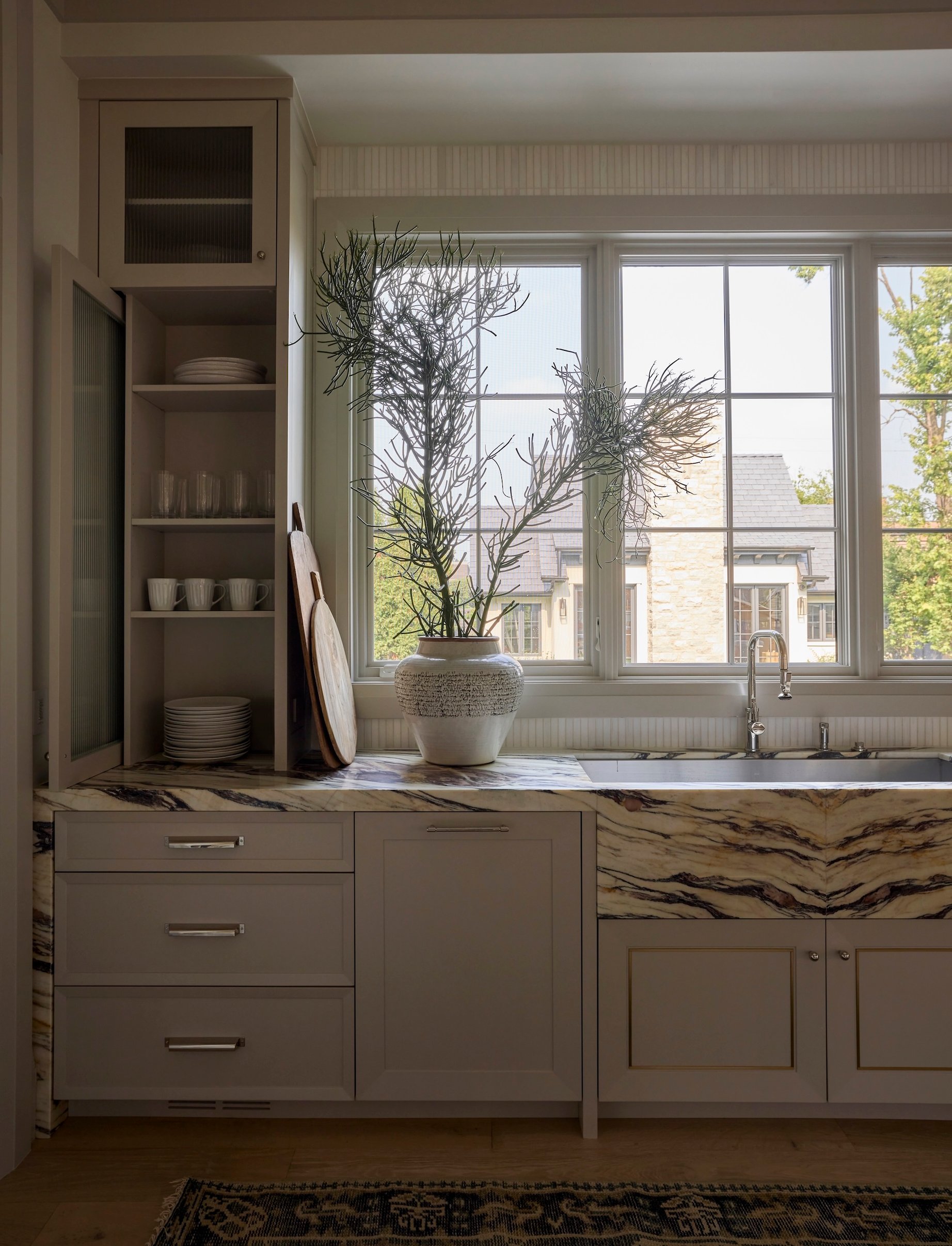 Dawn Reeves Design Luxury Interior Design Chicago Illinois Kenilworth II Kitchen Sink Window Marble Counter