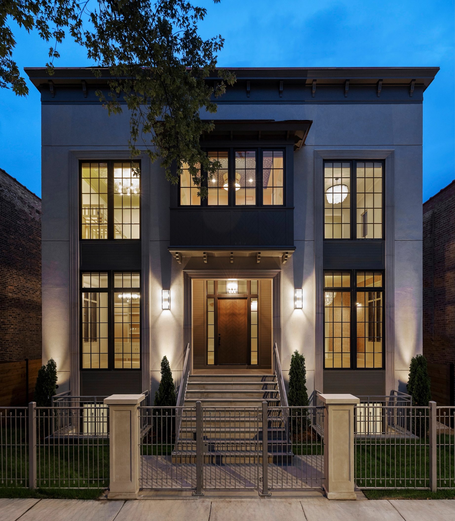 Dawn Reeves Design Luxury Interior Design Chicago Illinois Erie Front Exterior Twilight