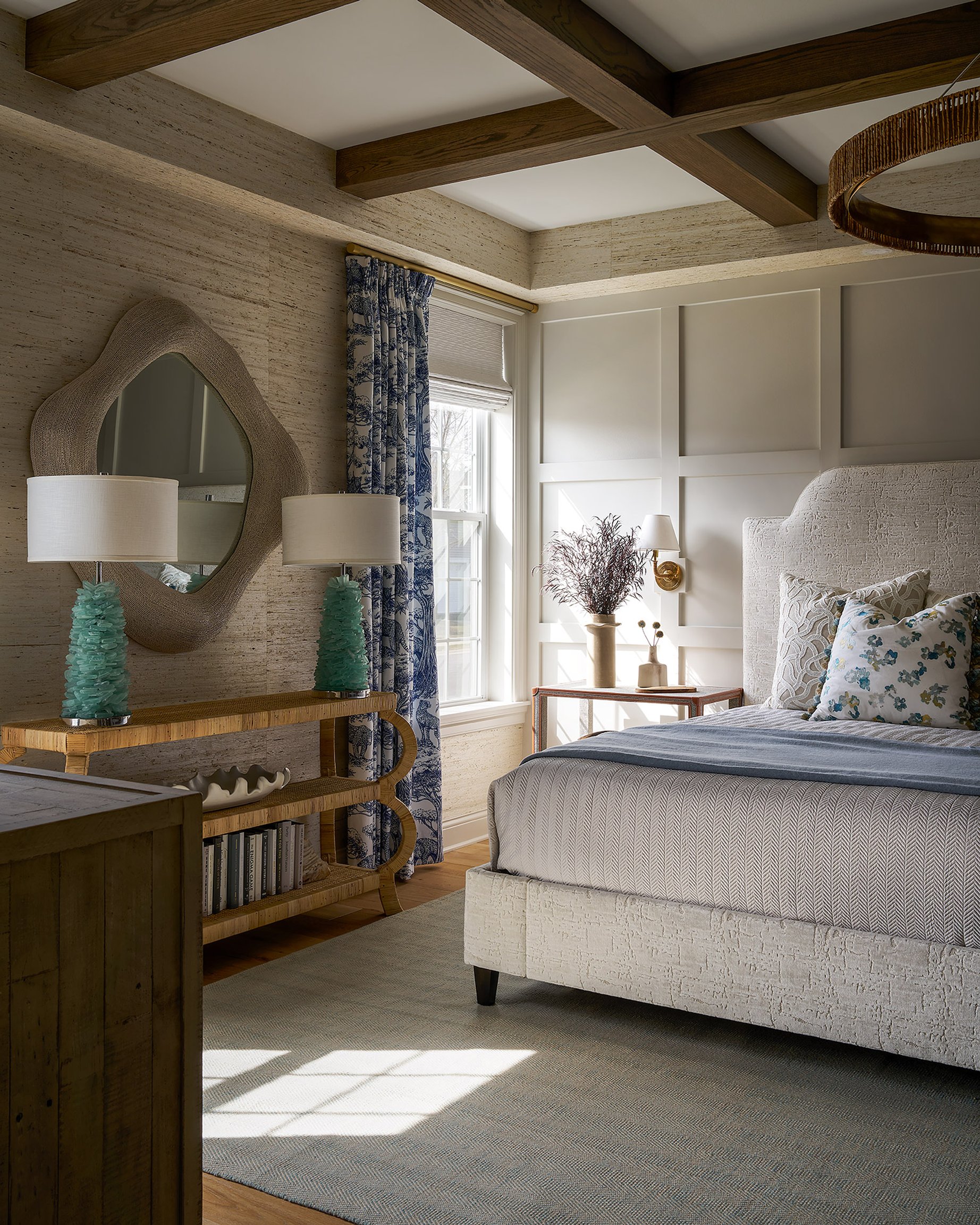 Dawn Reeves Design Luxury Interior Design Chicago Illinois Melrose Primary Bedroom Wave Mirror Teal Lamps
