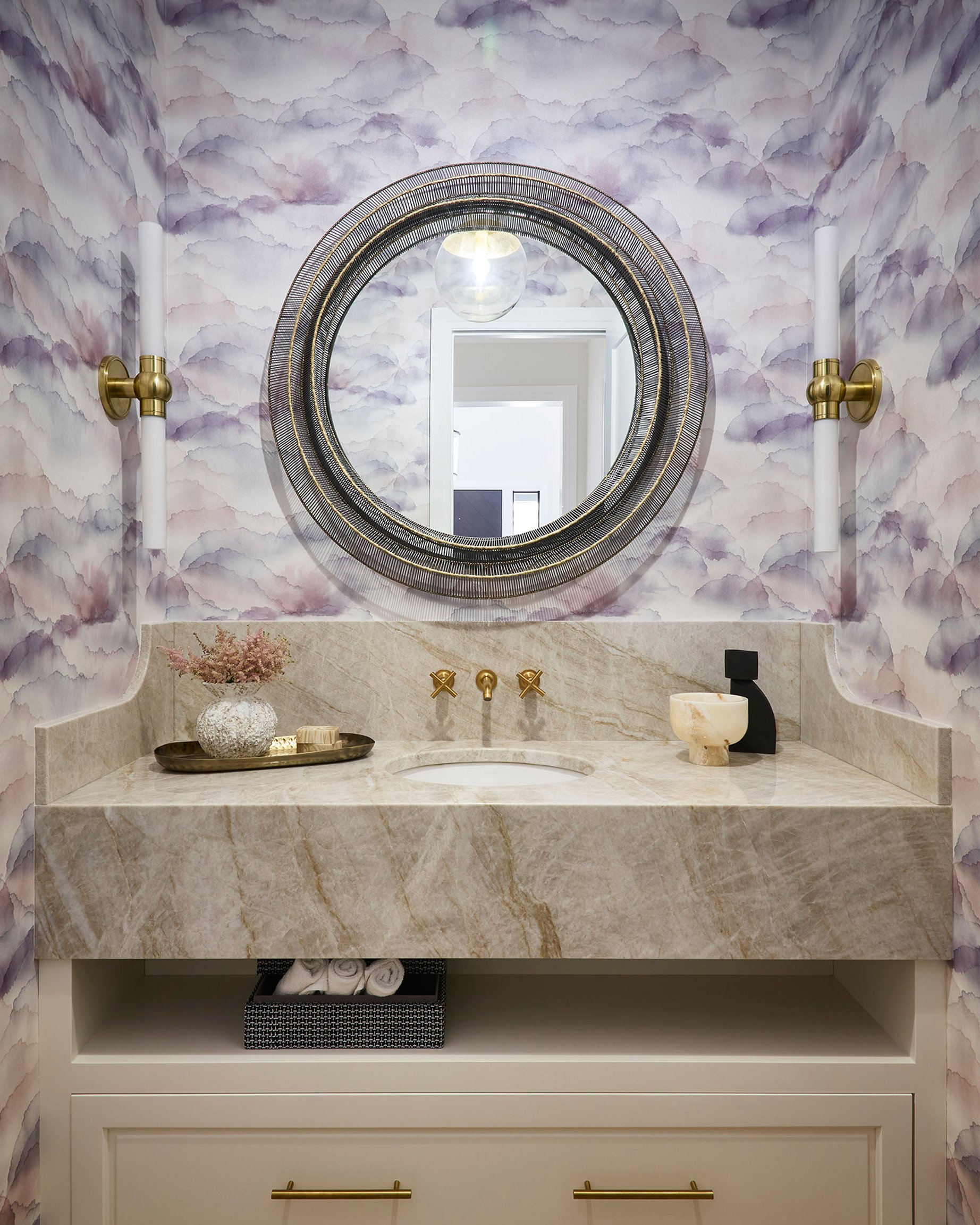 Dawn Reeves Design Luxury Interior Design Chicago Illinois Fairview Powder Room Cloud Wallpaper