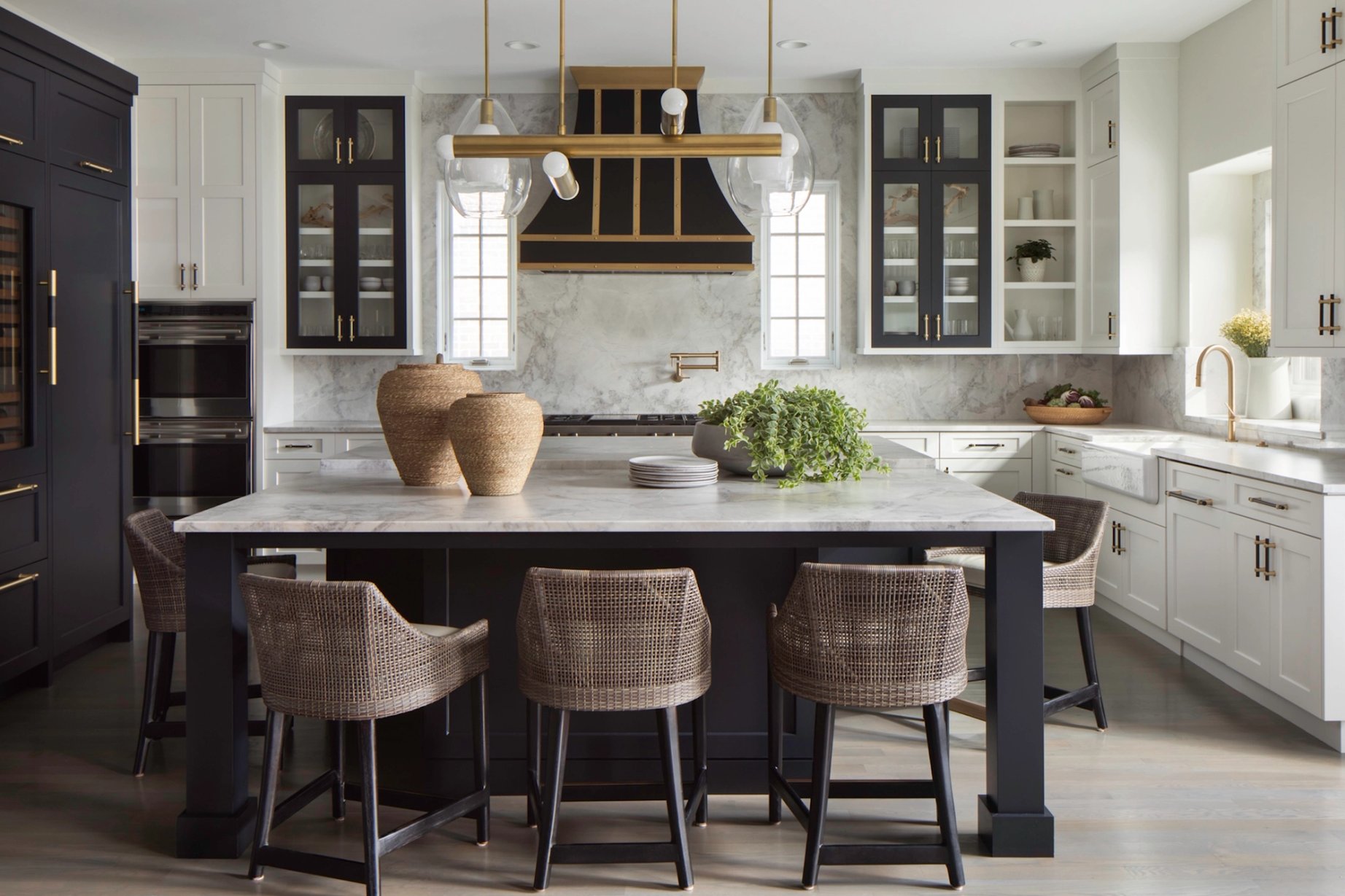 Dawn Reeves Design Luxury Interior Design Chicago Illinois South Kitchen Dark Island Brass Pendants Wide