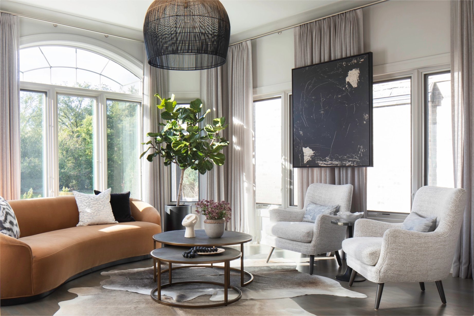 Dawn Reeves Design Luxury Interior Design Chicago Illinois South Living Room Camel Sofa Black Art Chandelier