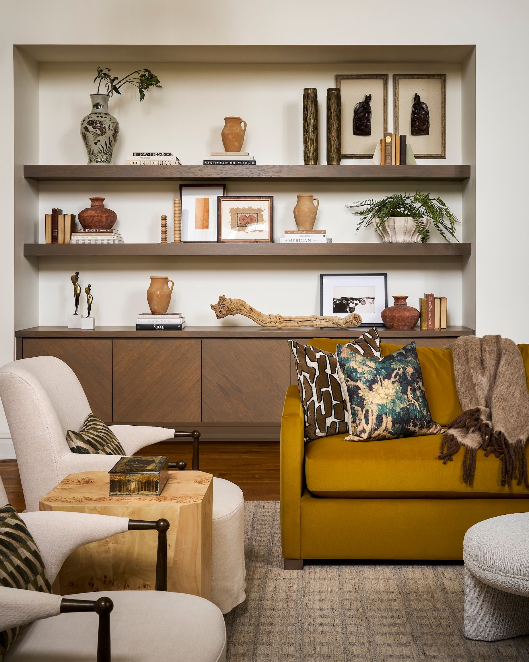 Dawn Reeves Design Luxury Interior Design Chicago Illinois Lake Geneva Living Room Built In Shelves Mustard Sofa