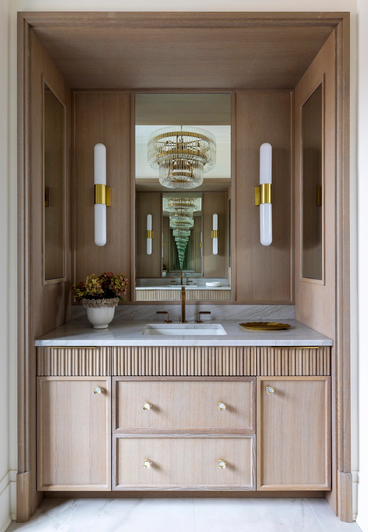 Dawn Reeves Design Luxury Interior Design Chicago Illinois Erie Powder Room Fluted Vanity Mirror