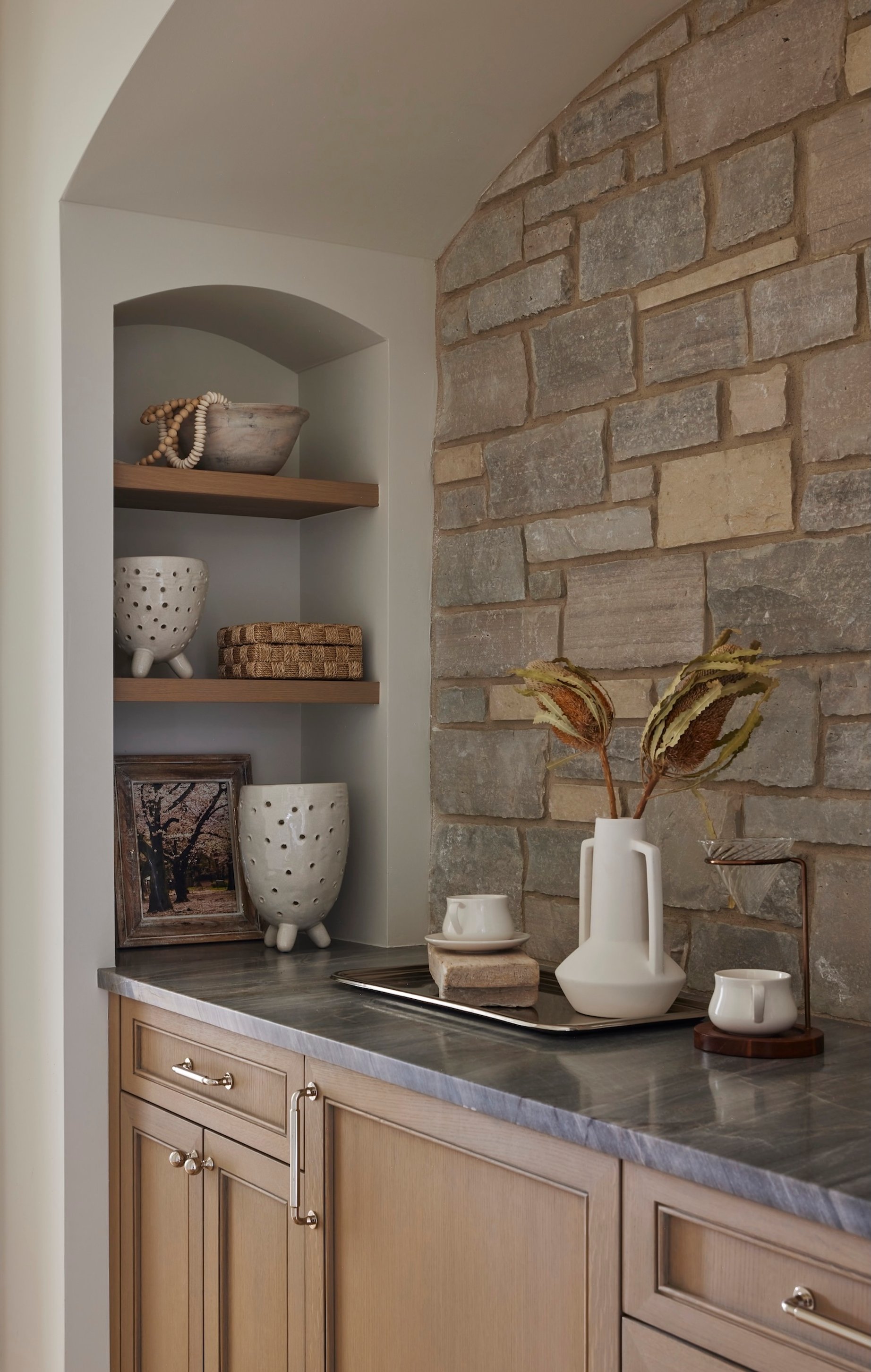 Dawn Reeves Design Luxury Interior Design Chicago Illinois Vallette Hallway Stone Wall Niche